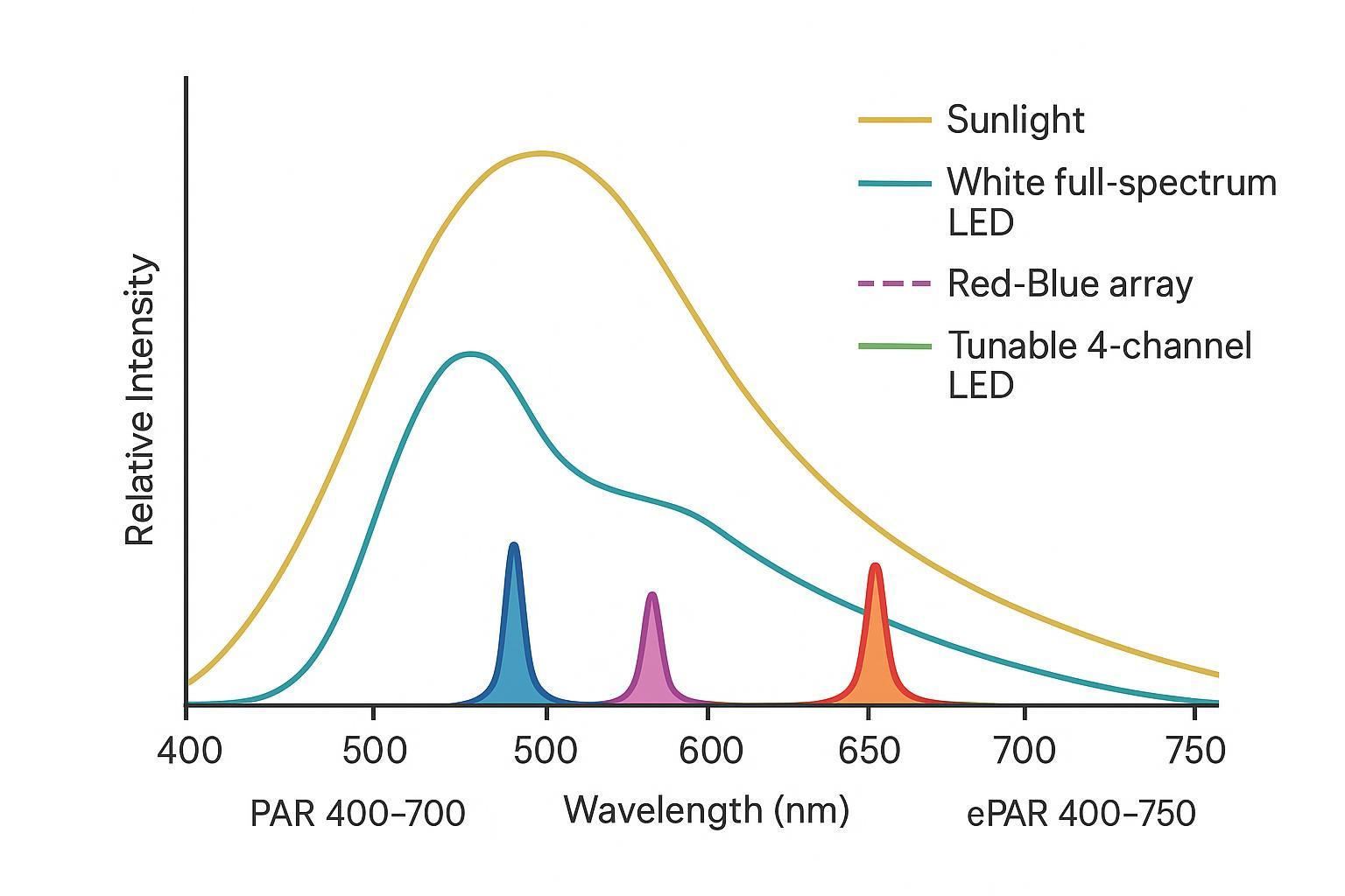 Infographic comparing sunlight, white full spectrum LED, red-blue, and tunable 4‑channel LED spectral distributions from 400 to 750 nm