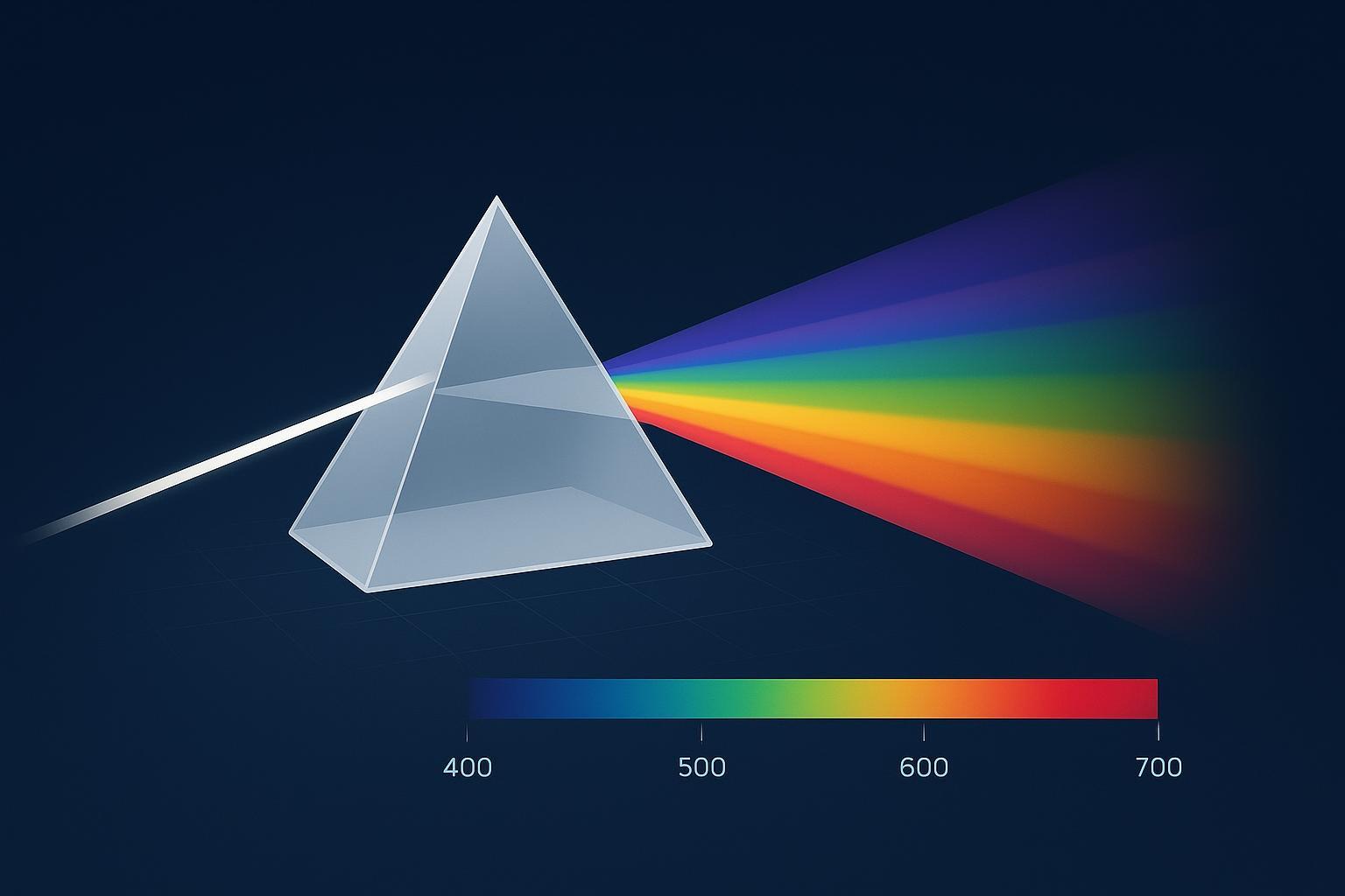 White light dispersing through a prism into the visible spectrum labeled 400–700 nm