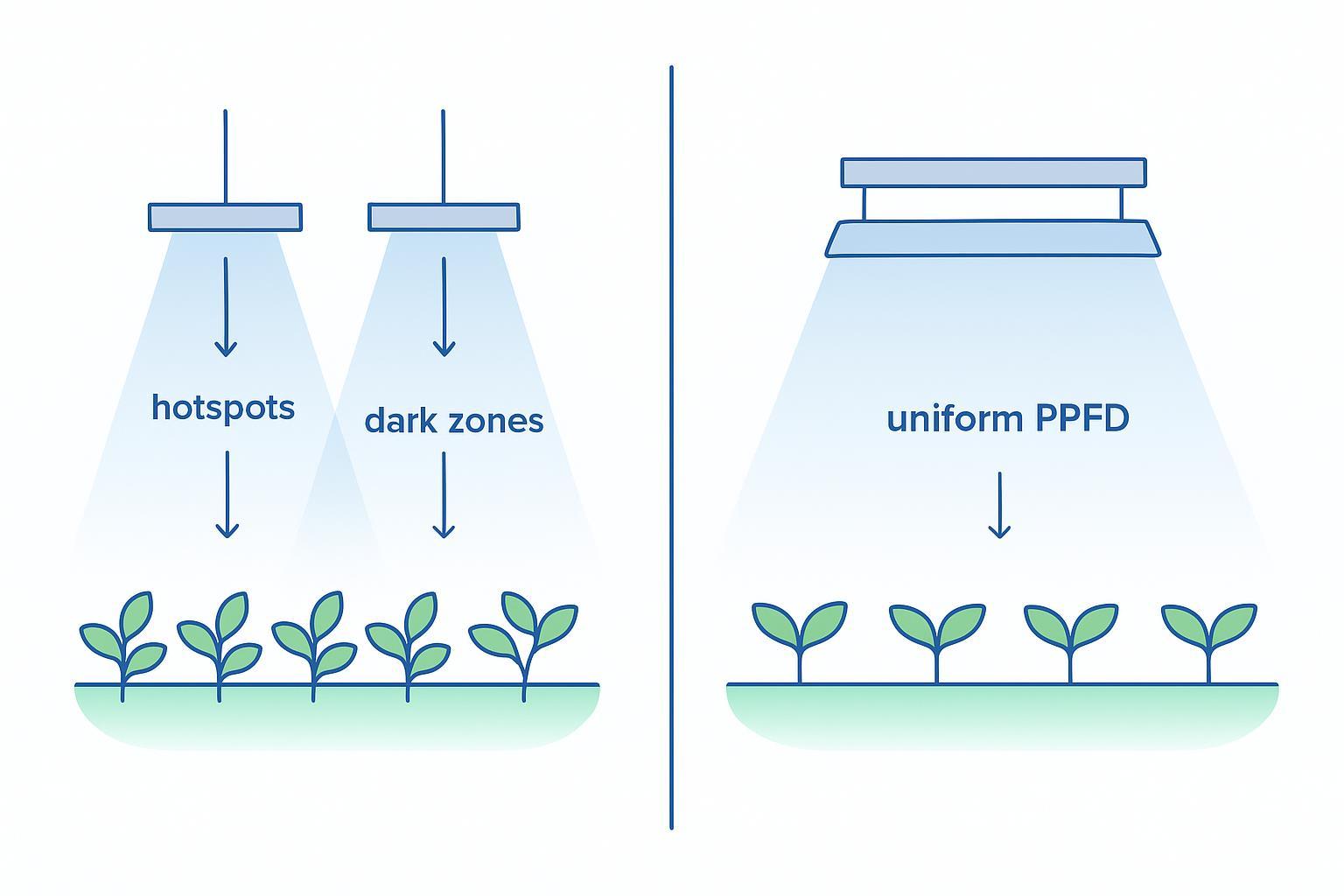 Shadow versus uniform lighting diagram across a plant canopy
