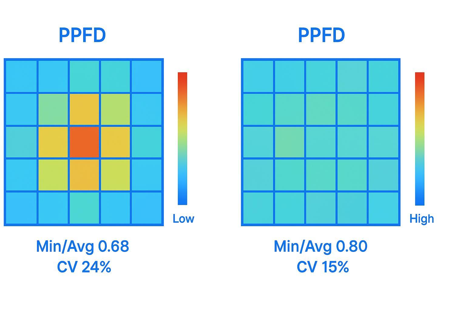 PPFD heat map comparison showing improvement in Min/Avg and CV% after layout changes