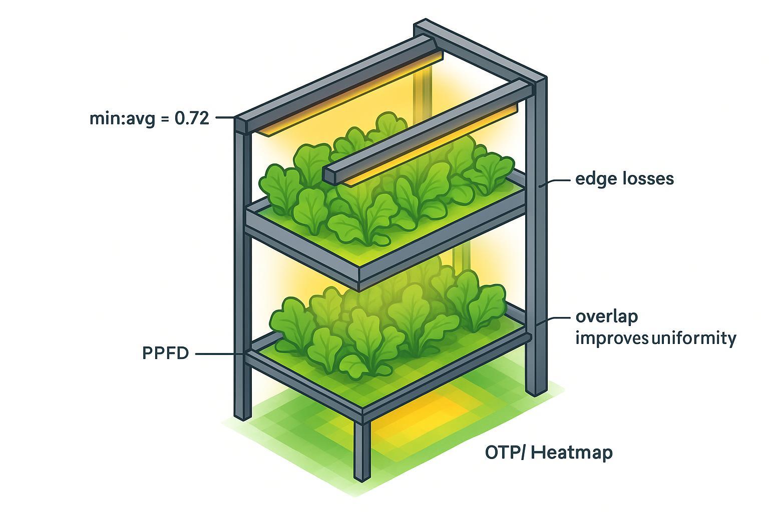 Vertical farming canopy lighting illustration with PPFD heatmap and uniformity notes
