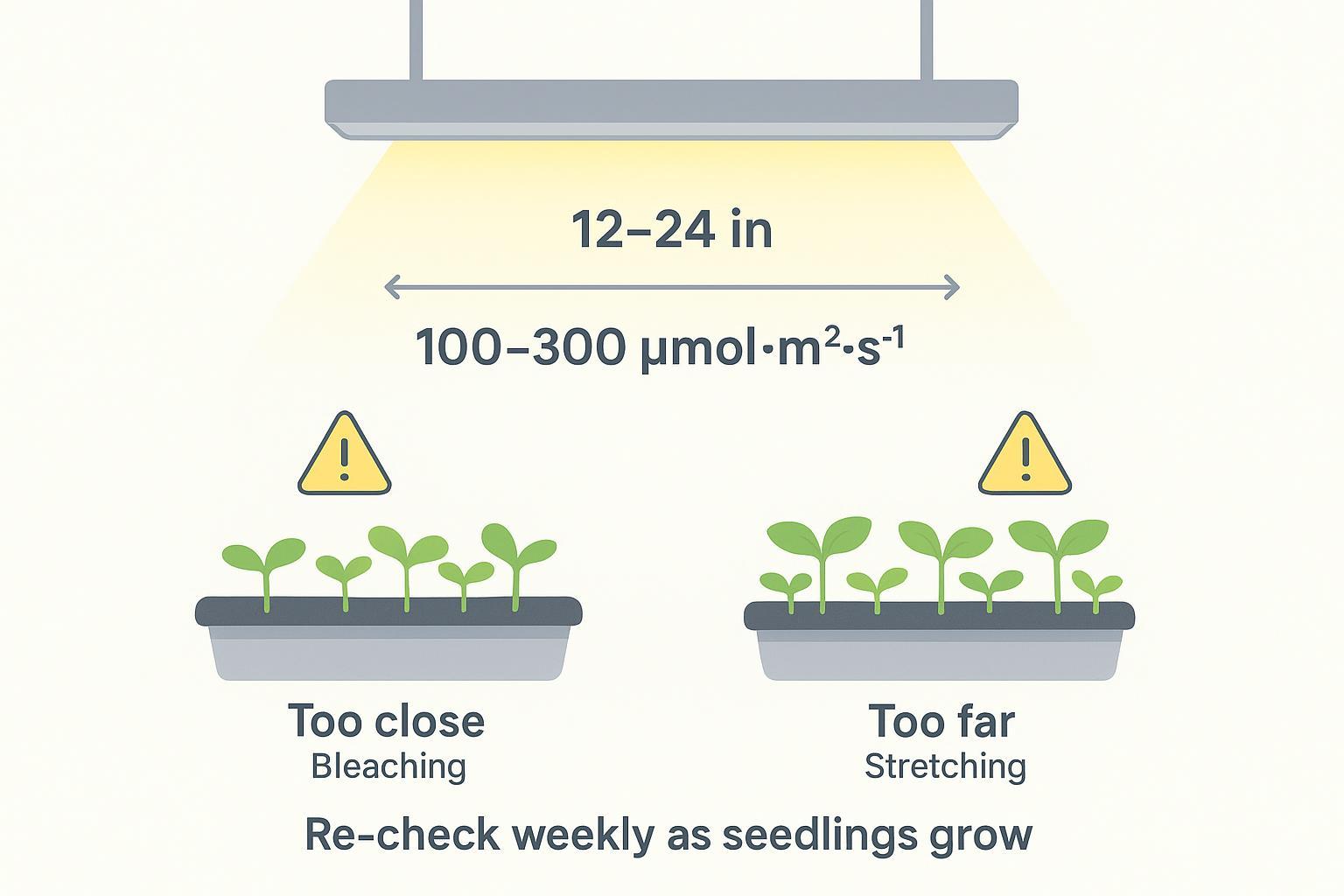 Seedling lighting distance example showing 12–24 inch starting range and 100–300 PPFD target