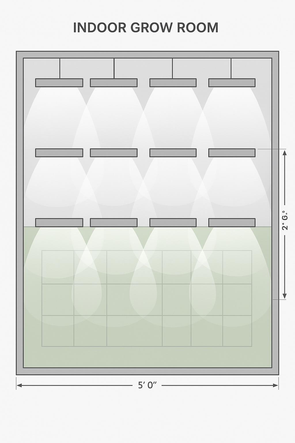 Indoor farm light coverage layout showing overlapping footprints from multiple fixtures for uniform PPFD