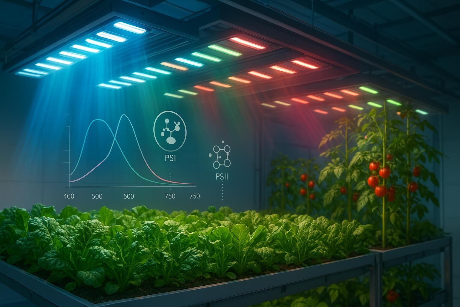 Tunable LED spectrum over mixed crops showing blue, green, red, and far‑red light blending across a controlled-environment canopy.