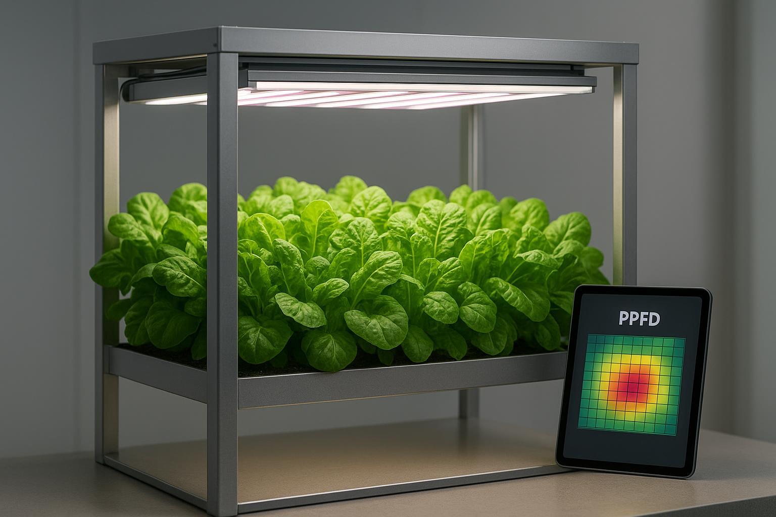 Vertical farming rack with leafy greens under LED grow lights and a multi-bar fixture