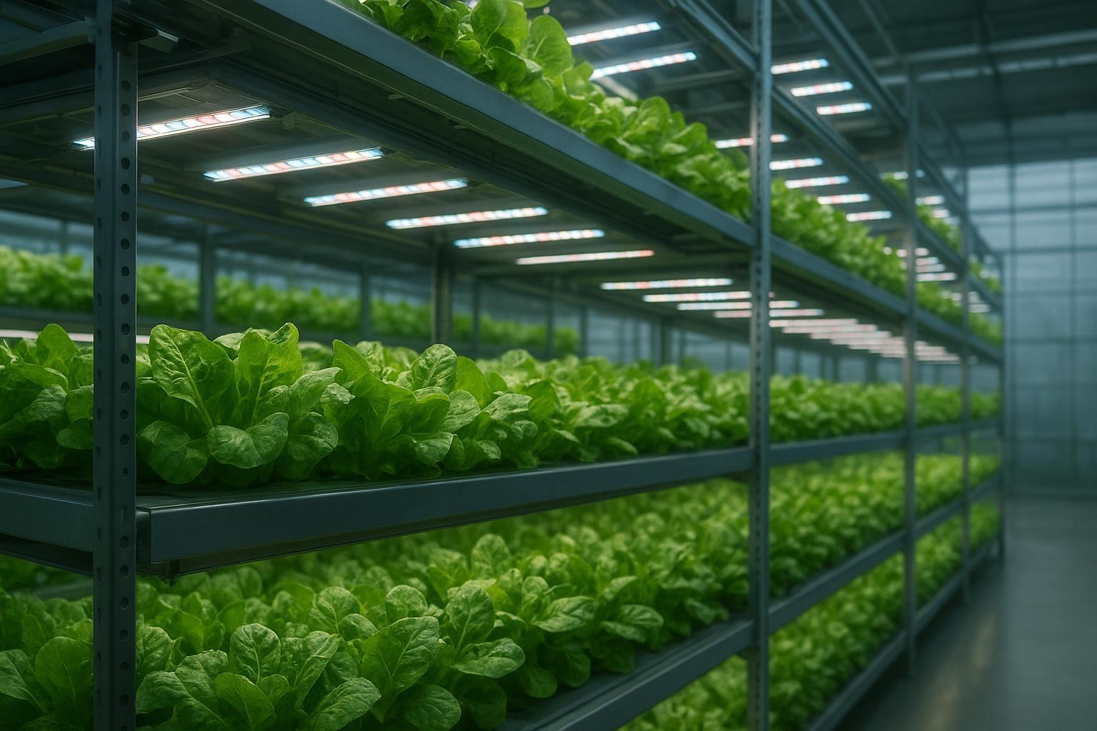Vertical farm racks with LED grow lights illuminating leafy greens with subtle blue and red accents
