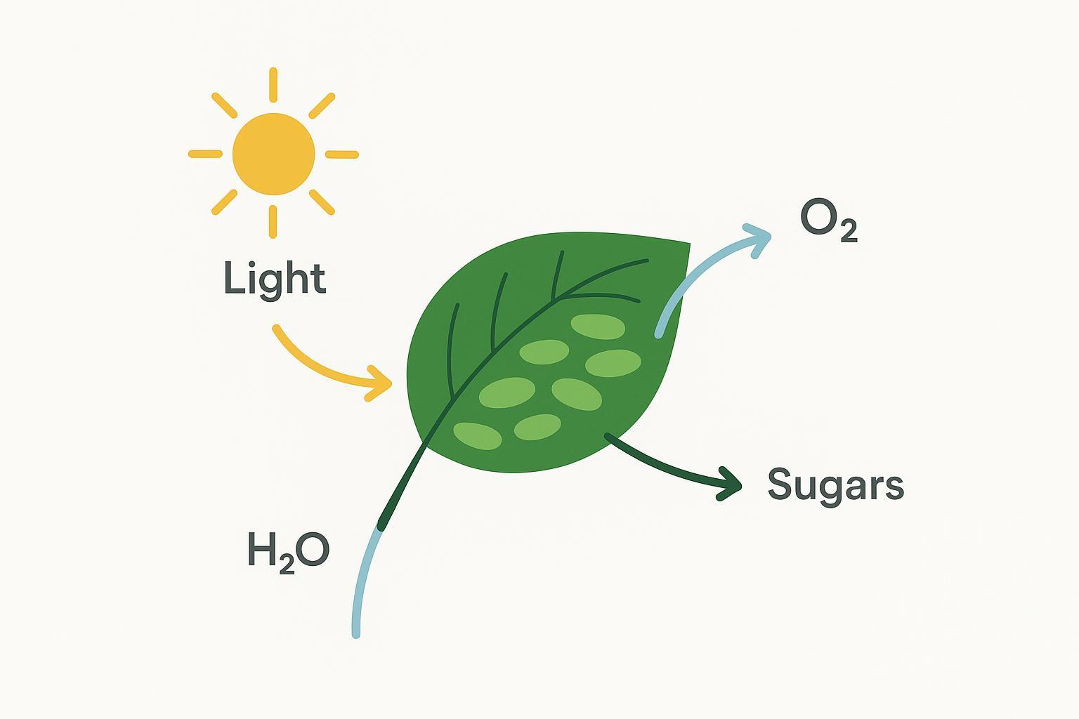 Diagram of photosynthesis converting light, CO2, and water into sugars and oxygen