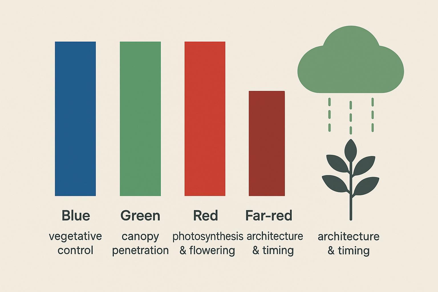 Infographic of light spectrum roles in plant growth with blue, green, red, and far-red bars