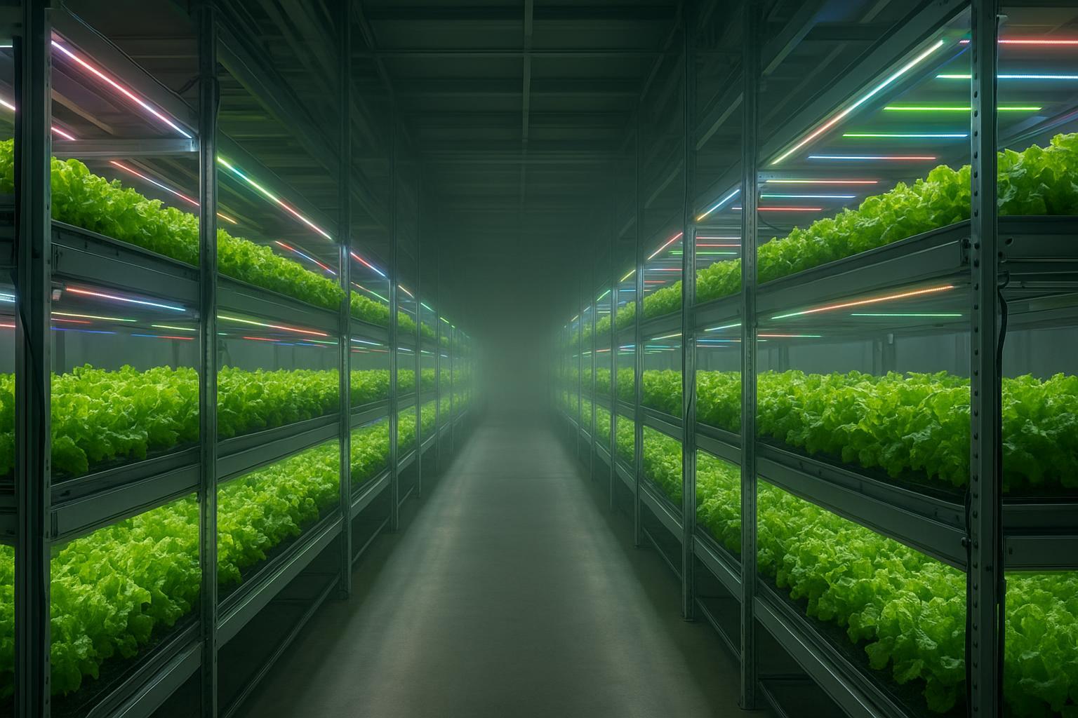 Multi‑tier vertical farm with full‑spectrum LED grow lights showing red, blue, green, and far‑red channels uniformly illuminating leafy greens