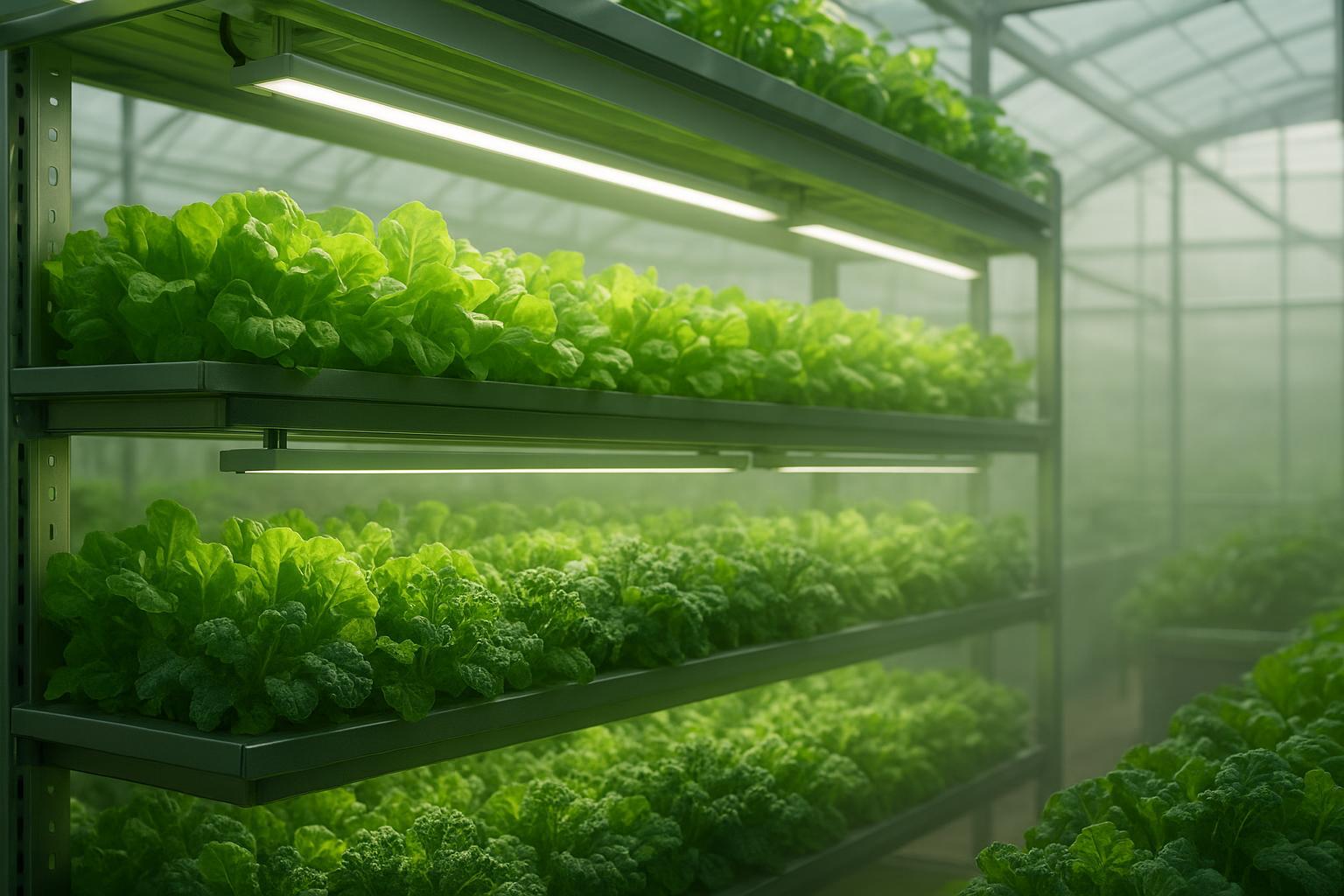 Photorealistic indoor farm with full-spectrum LEDs showing green-tinted light reaching lower leaves on multi-tier racks.