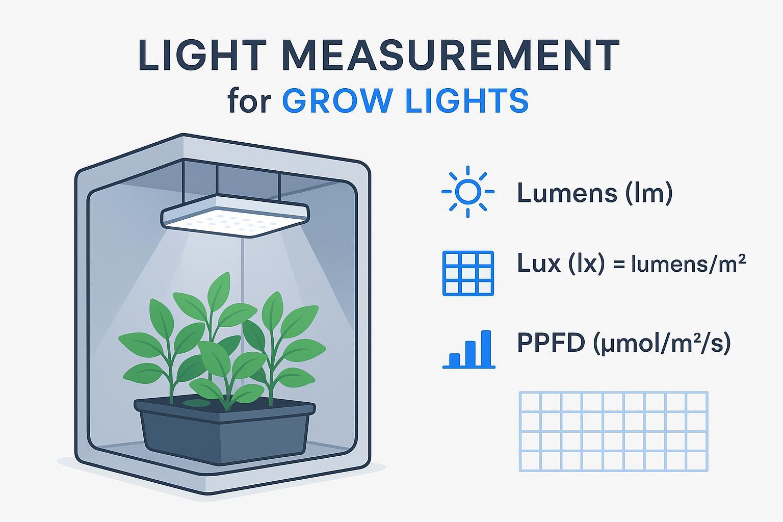 Illustration of a grow tent under LED lights with labels for lumens, lux, and PPFD