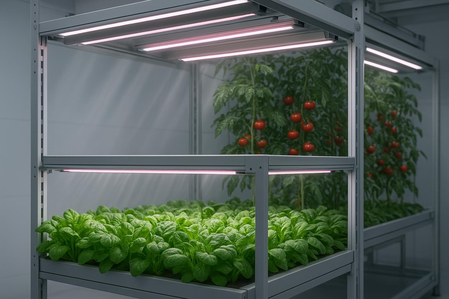 Multi-layer vertical farm with LED bar lights delivering uniform PPFD to leafy greens and fruiting crops.