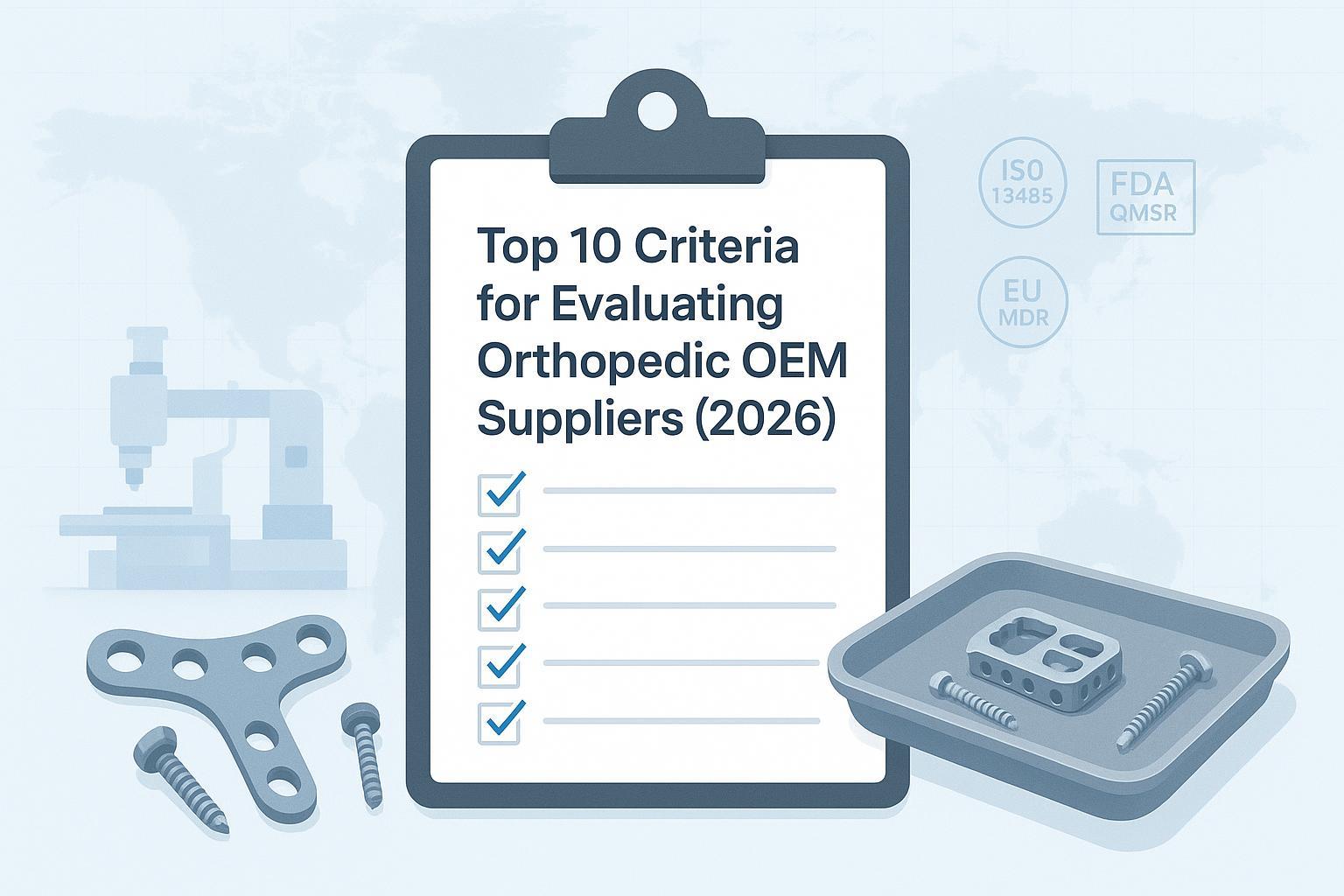 Cover image showing a procurement checklist with orthopedic implants and CNC machinery, signaling compliance and global sourcing