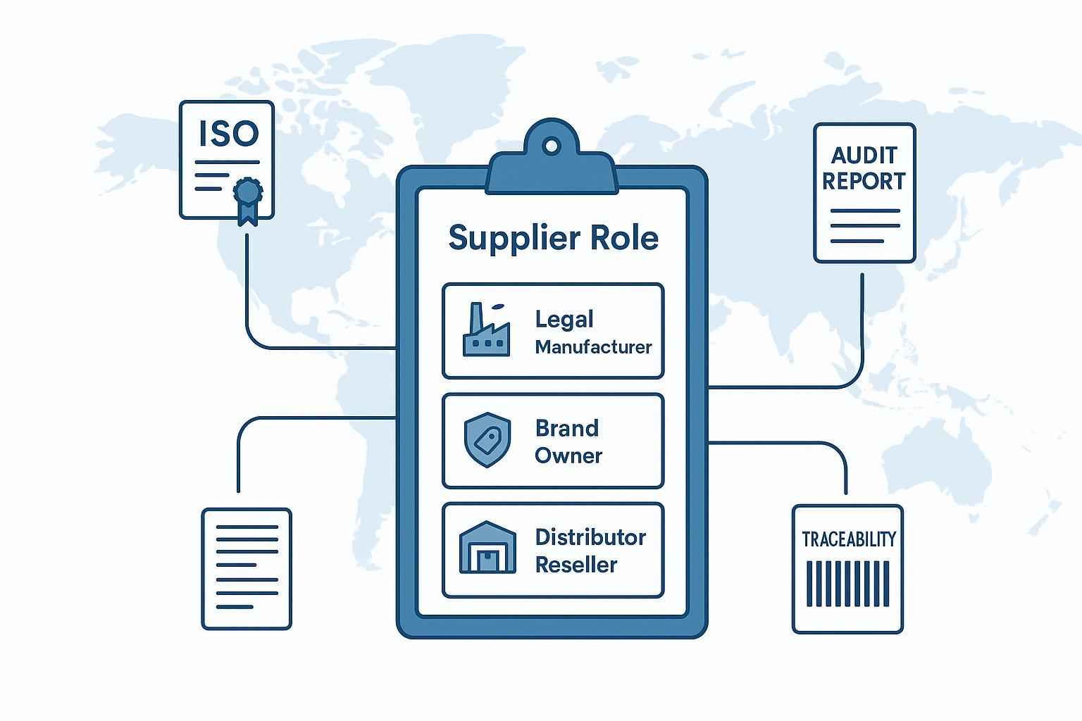Illustration showing orthopedic supplier roles (legal manufacturer, brand owner, distributor) and the documentation-first vetting flow