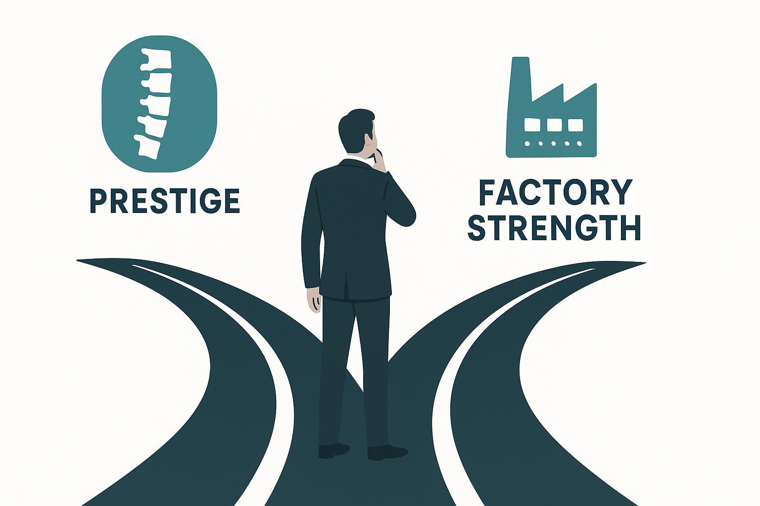 Editorial illustration showing a distributor choosing between prestige and factory strength