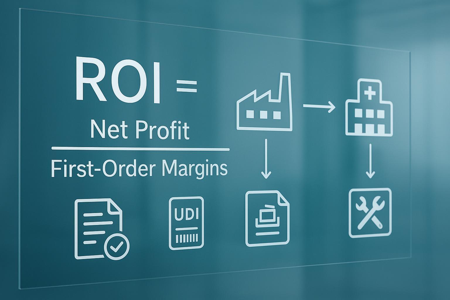 ROI equation and supply chain icons illustrating total lifecycle cost when evaluating orthopedic suppliers