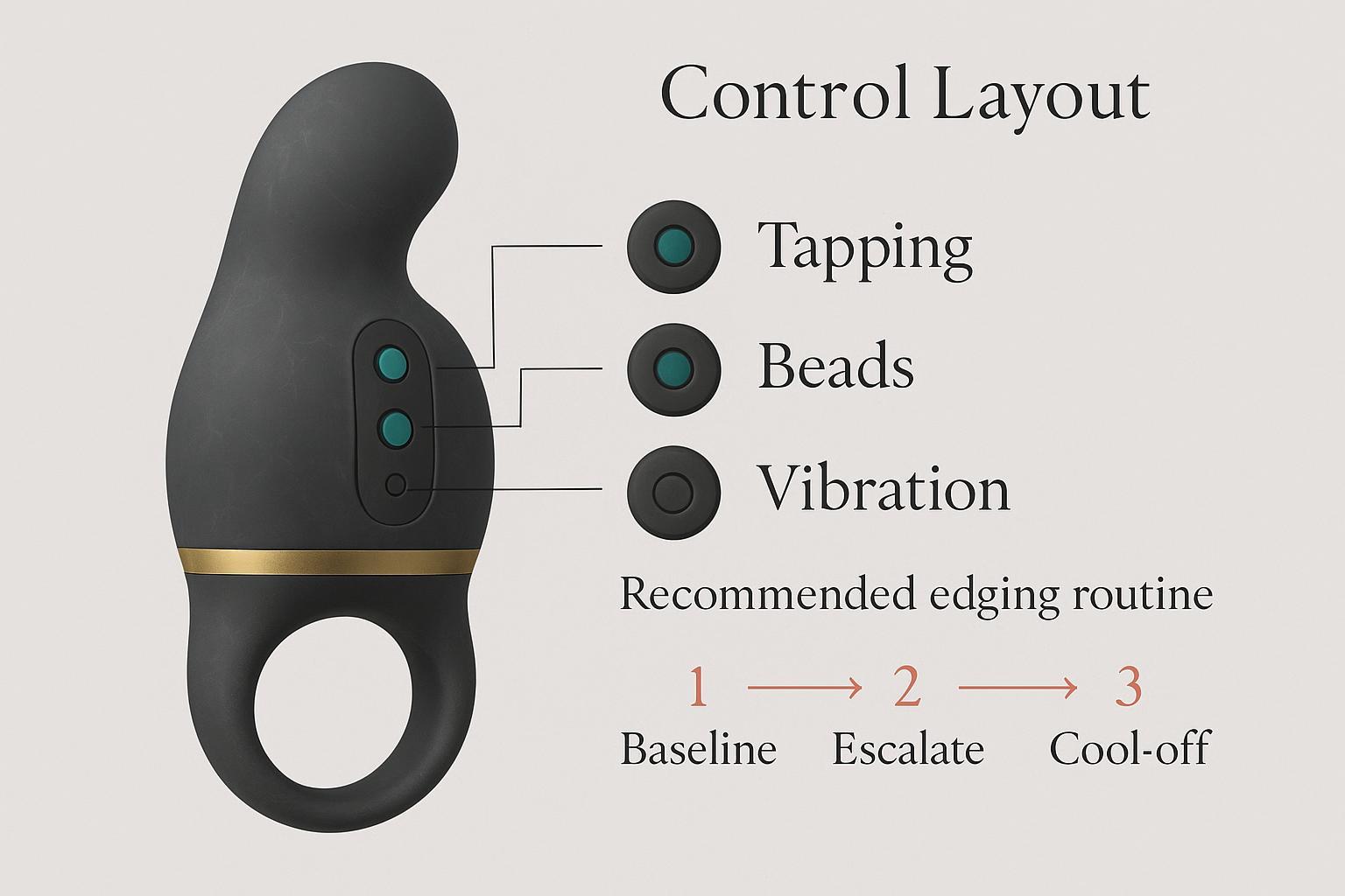 Control map diagram of a vibrator showing tapping, beads, and vibration buttons with an annotated edging sequence.