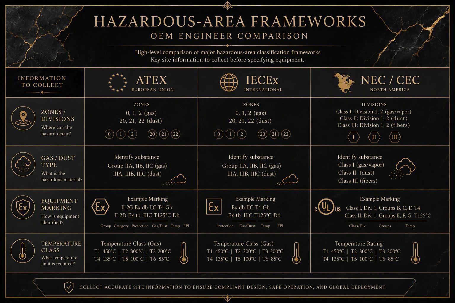 High-level comparison of ATEX, IECEx, and NEC/CEC terminology showing the site information an OEM engineer should collect, luxury gold-and-black infographic