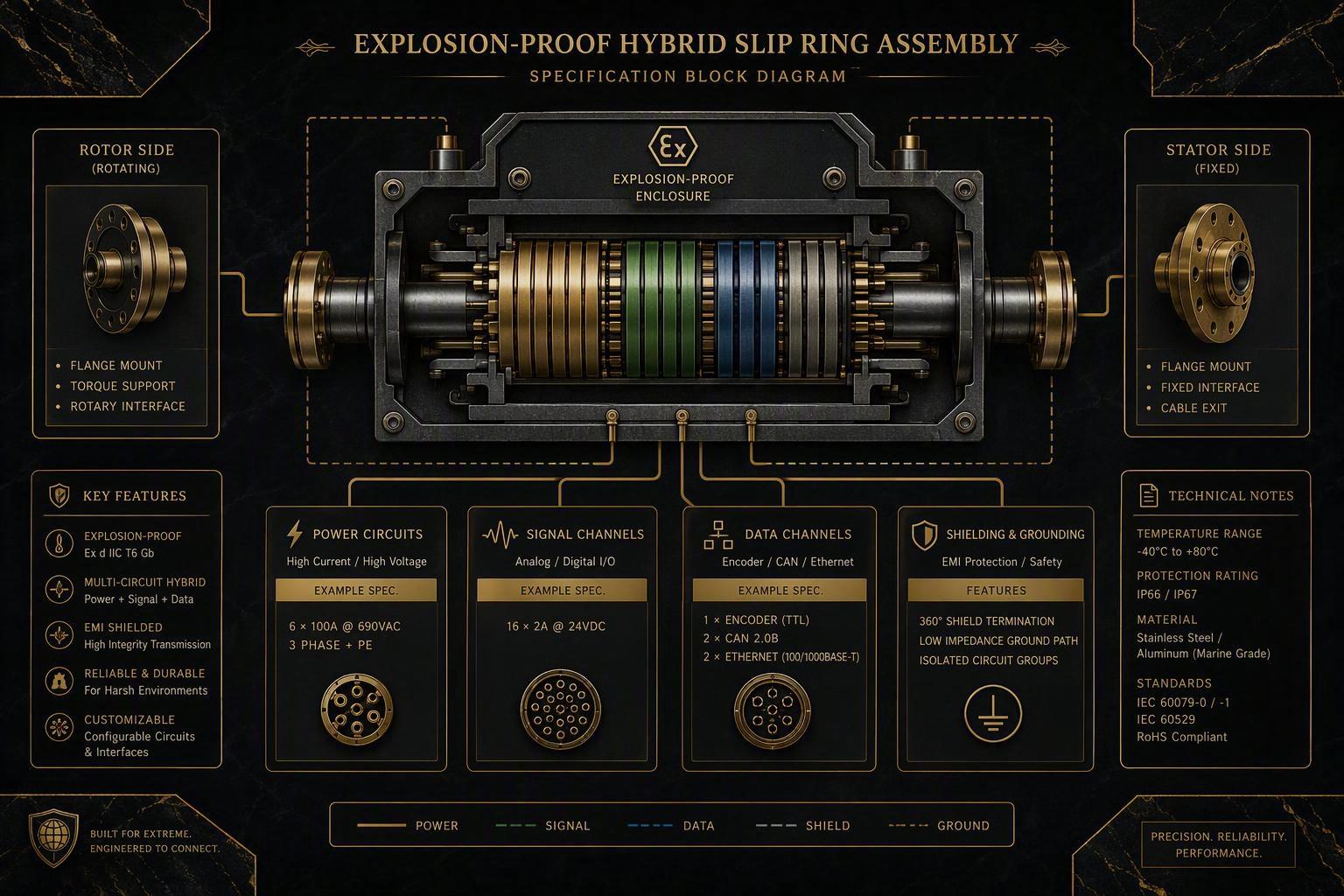 Block diagram of power, signal, data, shielding, grounding, enclosure and mechanical interfaces in an explosion-proof slip ring assembly, luxury diagram
