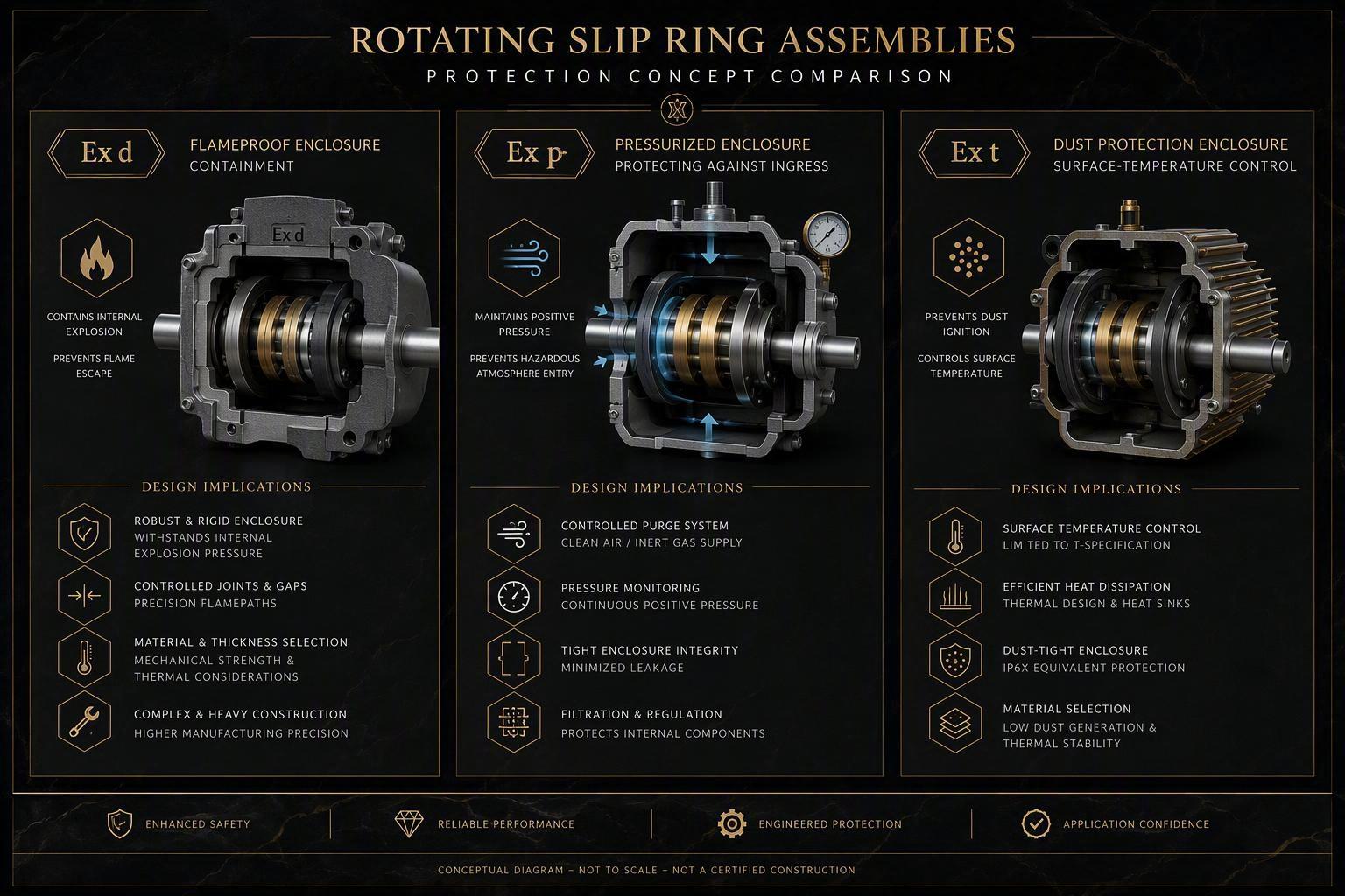 Technical comparison of Ex d, Ex p, and Ex t approaches for rotating slip ring assemblies, conceptual luxury diagram