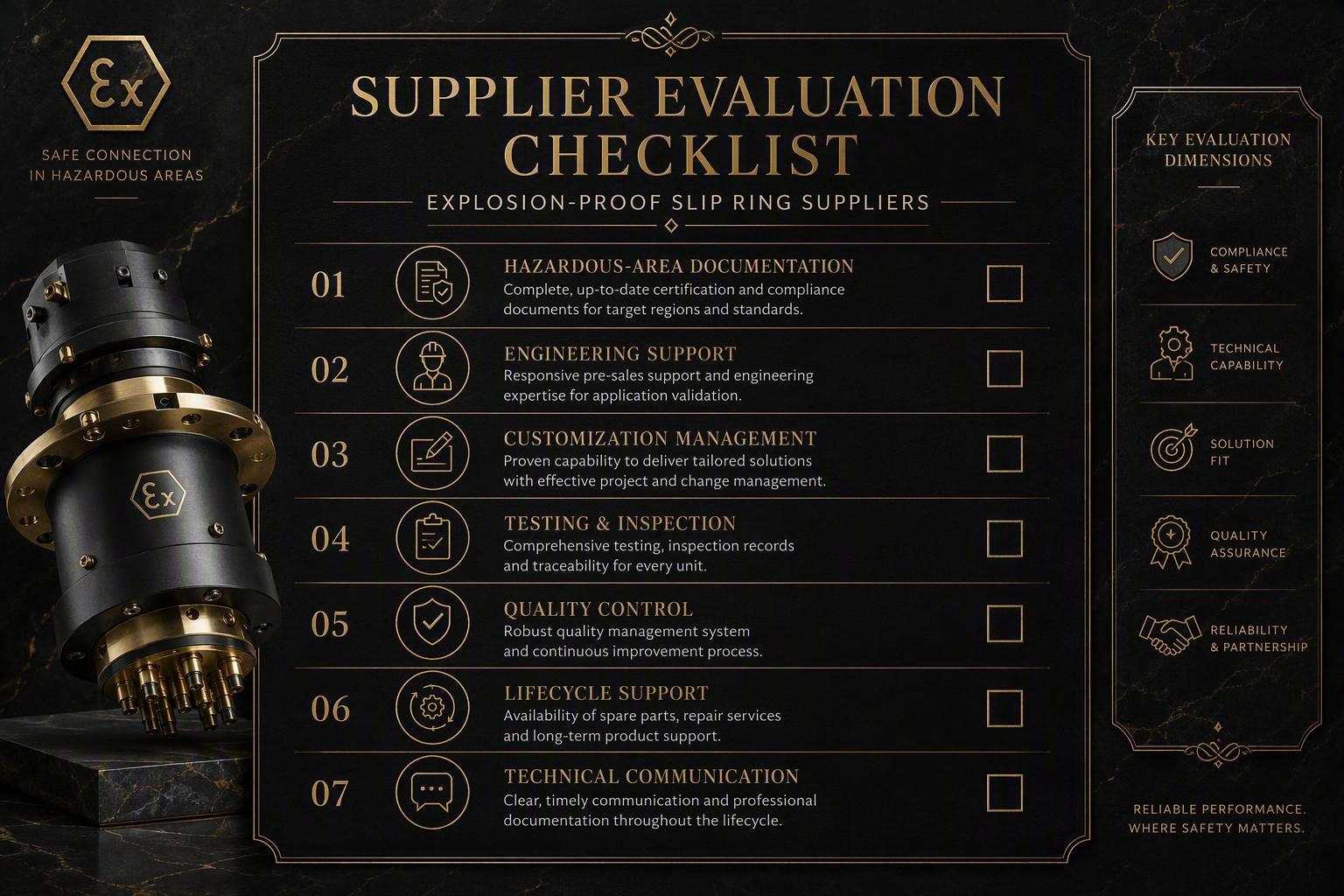 Supplier evaluation checklist for explosion-proof slip ring suppliers, luxury gold-and-black infographic