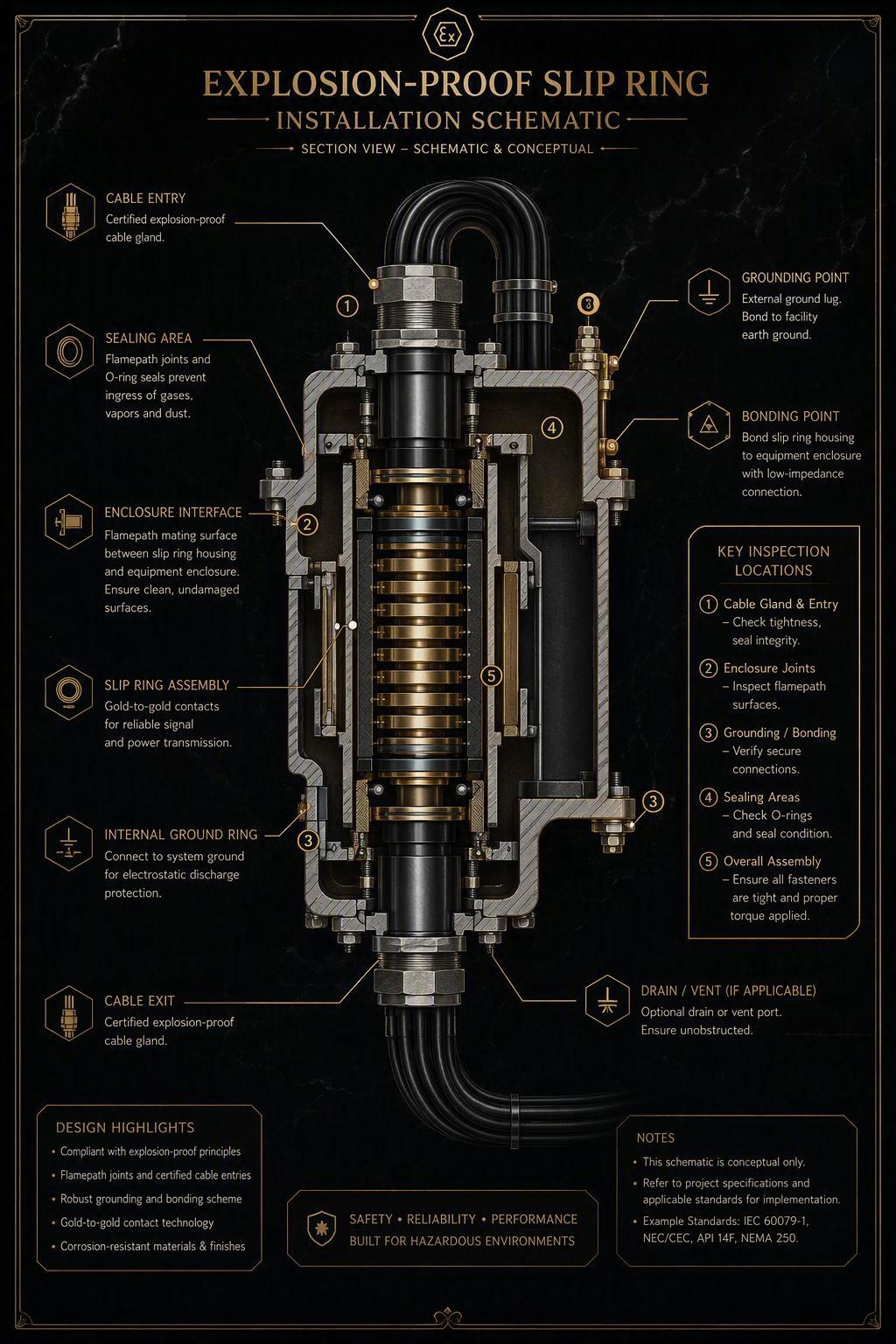 Labeled explosion-proof slip ring installation schematic showing cable entries, grounding, enclosure and inspection points, conceptual luxury schematic