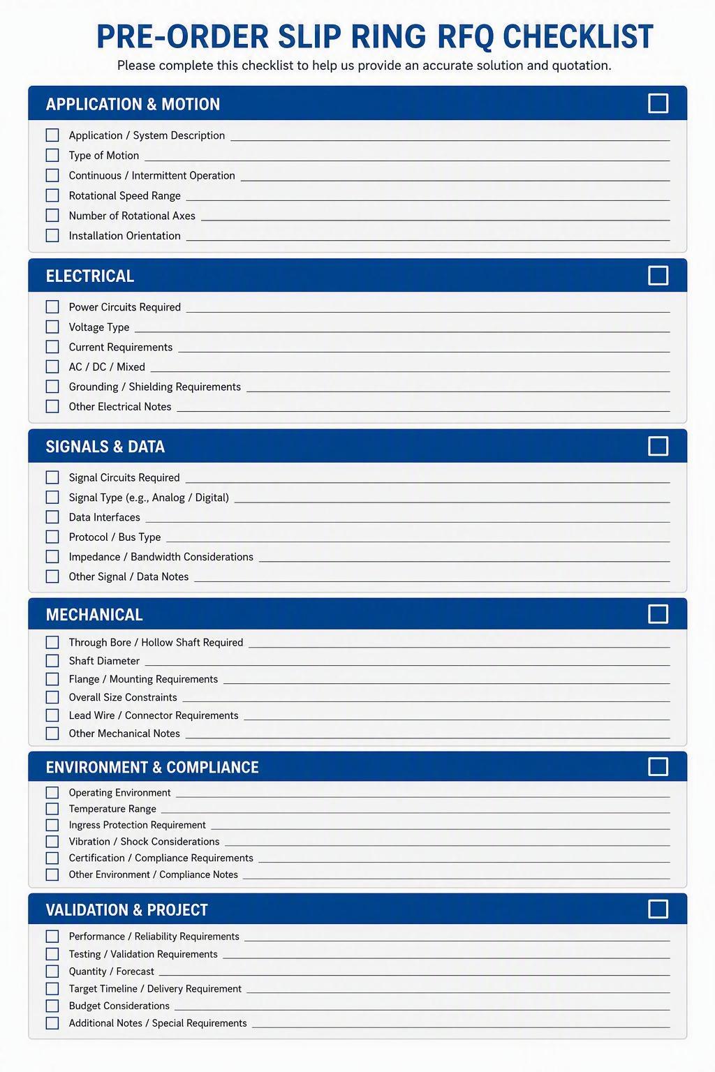 A one-page slip ring RFQ checklist covering application, motion, electrical, signals, mechanical, environment, validation, quantity, and schedule