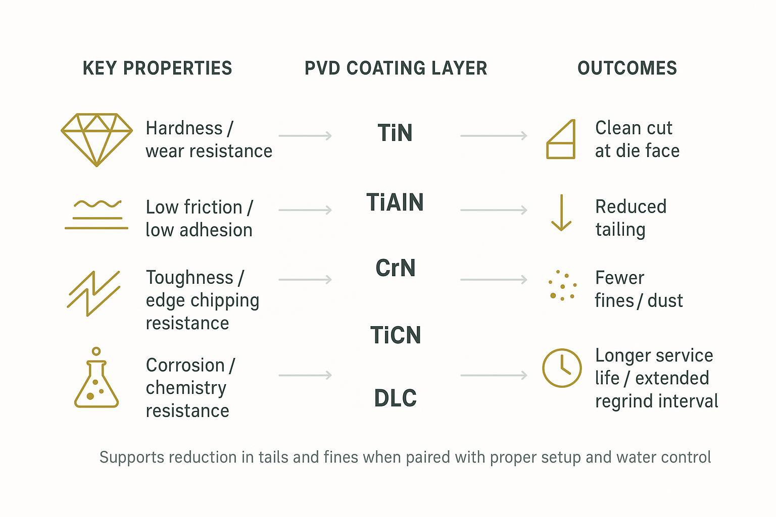 Infographic mapping PVD layers (TiN, TiAlN, CrN, TiCN, DLC) to properties and outcomes that reduce tailing and fines