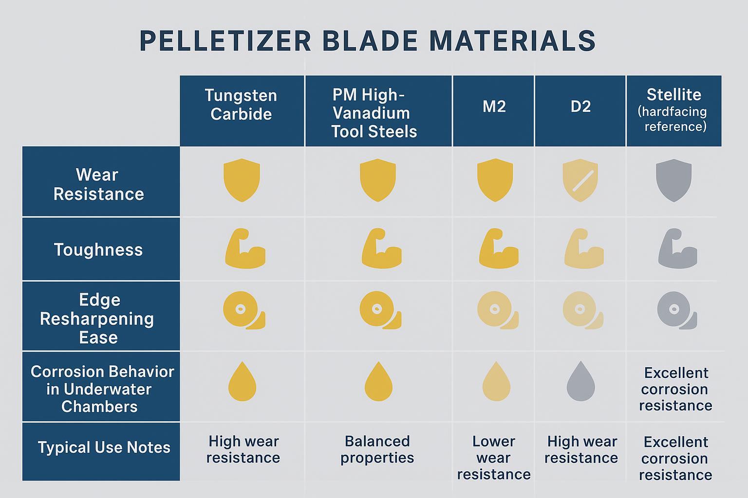 Infographic comparing carbide, PM steel, M2, D2, and Stellite for pelletizer blades by wear, toughness, resharpening, and corrosion