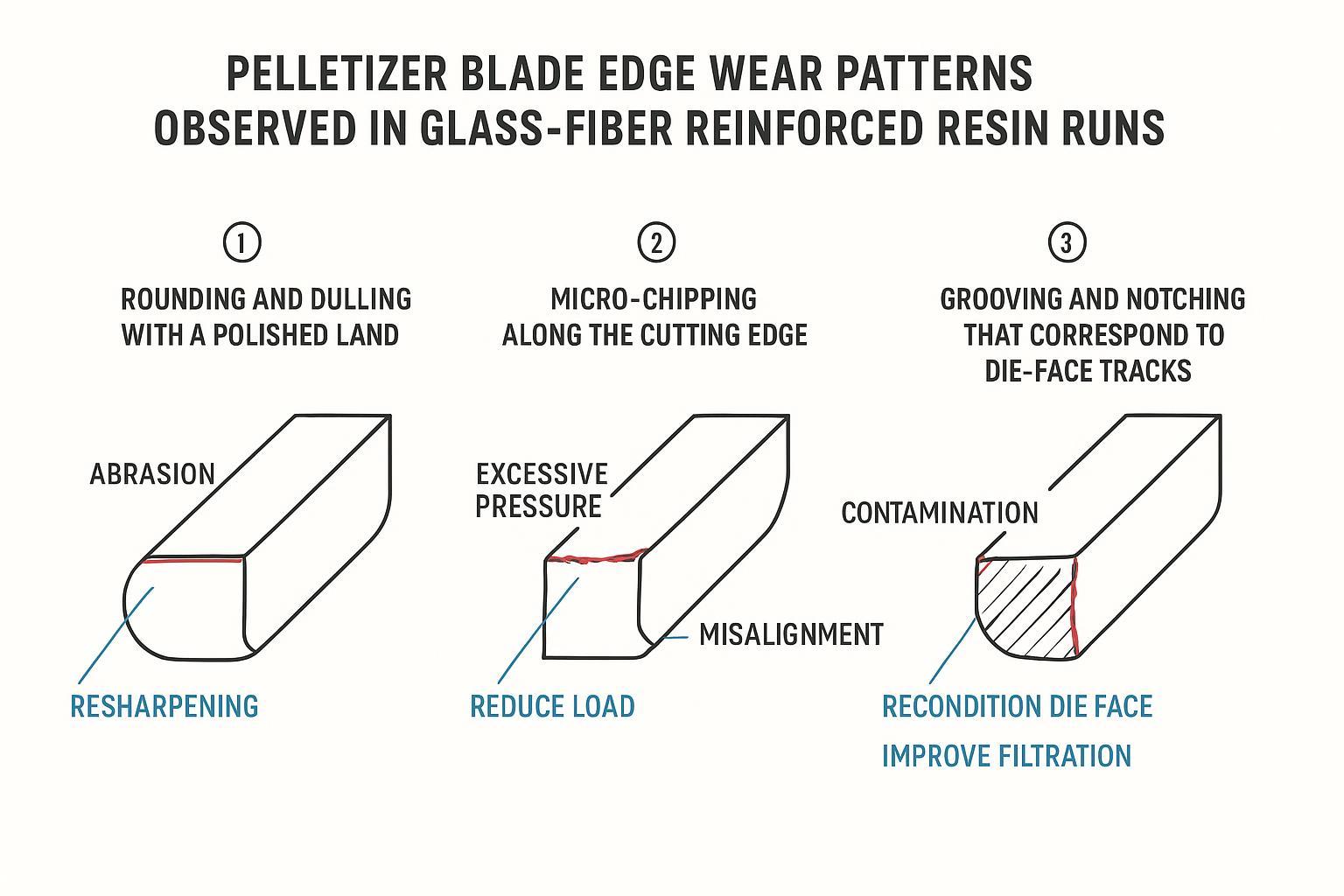 Diagnostic diagram of pelletizer blade wear patterns: rounding, chipping, and grooving with labeled causes and fixes