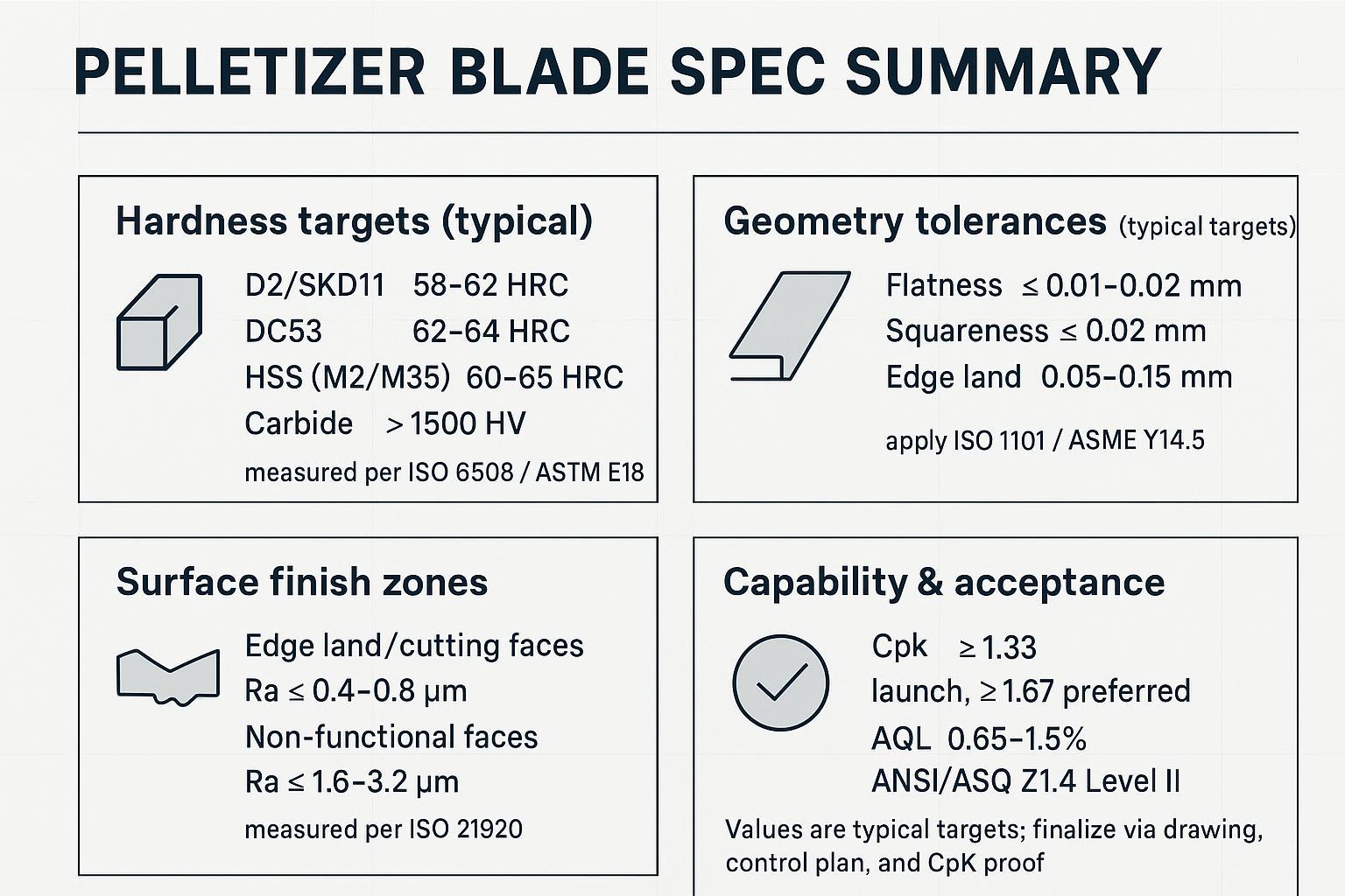 Engineering infographic summarizing HRC, Ra, geometry tolerances, and CpK/AQL targets for pelletizer blades