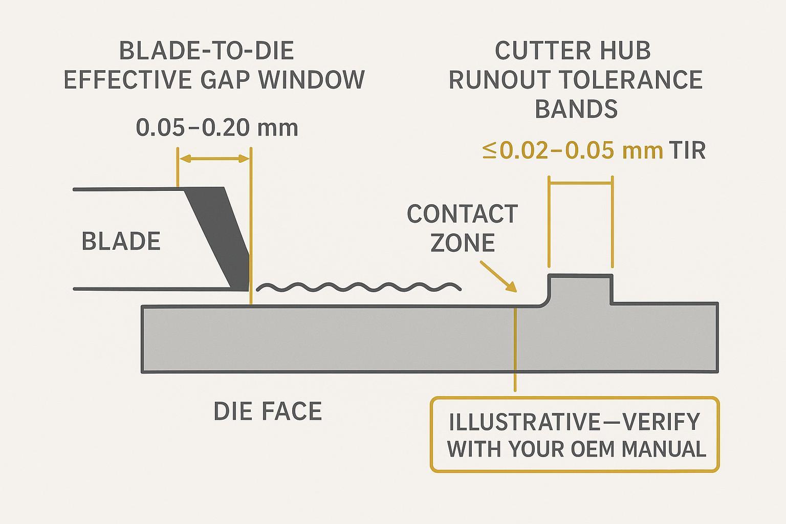 Diagram of blade-to-die gap ranges, runout tolerances, and contact zones for underwater and strand pelletizing