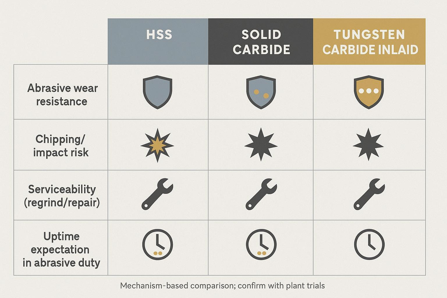 Infographic comparing HSS, solid carbide, and tungsten carbide inlaid rotary cutters on wear, chipping risk, serviceability, and uptime