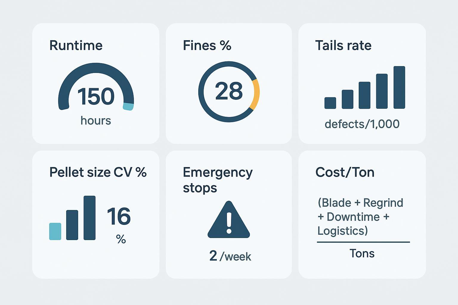 Dashboard of pelletizing KPIs with runtime, fines, tails, CV%, emergency stops, and a cost per ton formula