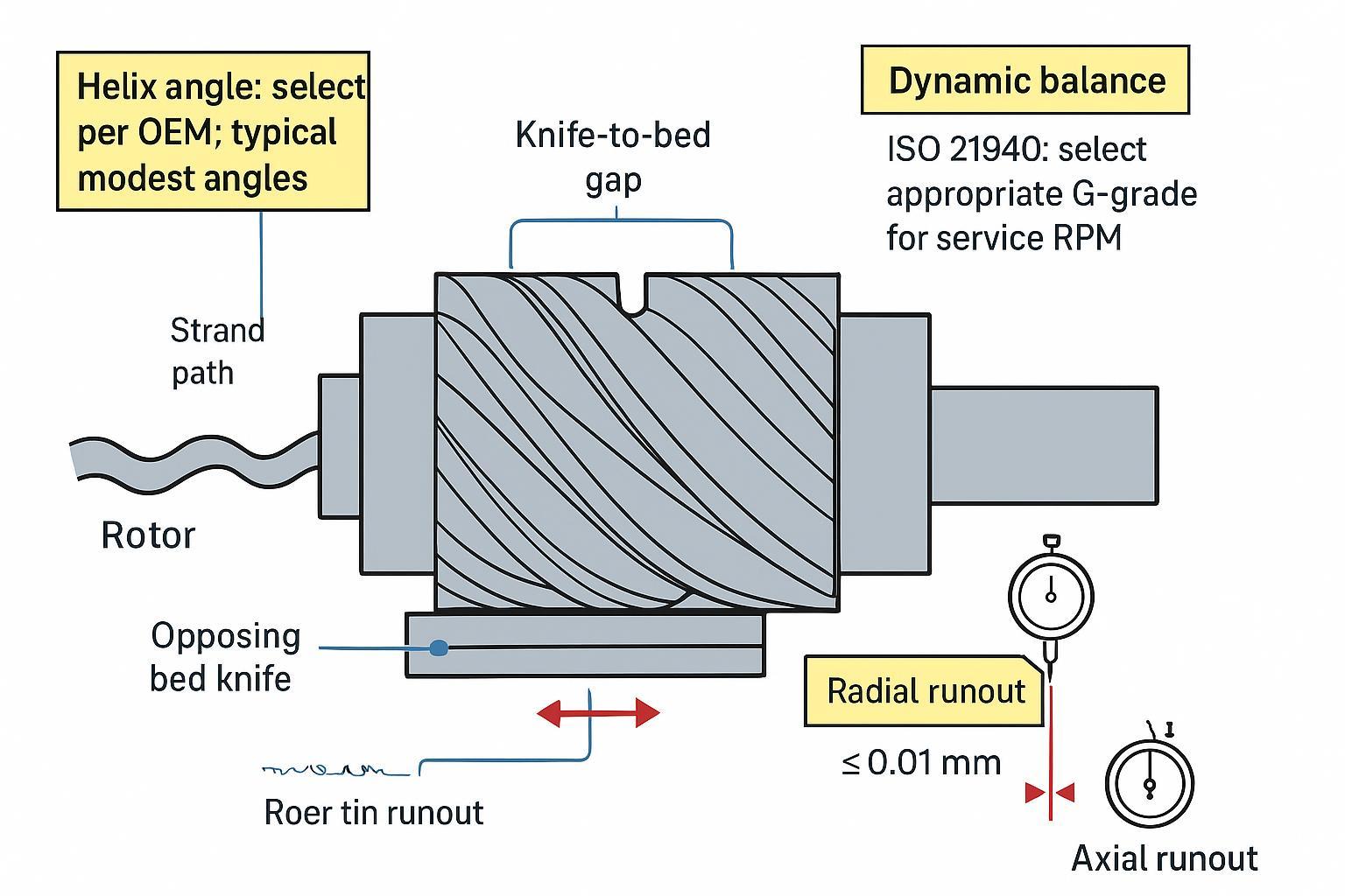 Annotated diagram: helical rotary cutter with helix angle, knife-to-bed gap, ISO 21940 balance grade, and runout callouts