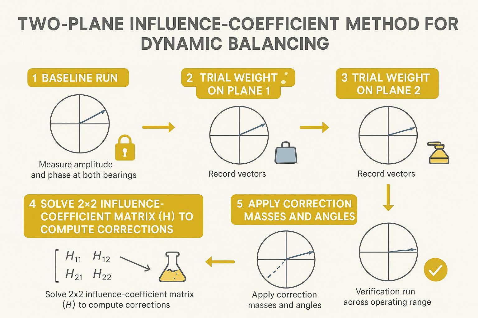 Workflow infographic of two-plane influence-coefficient balancing with polar plots and safety icons