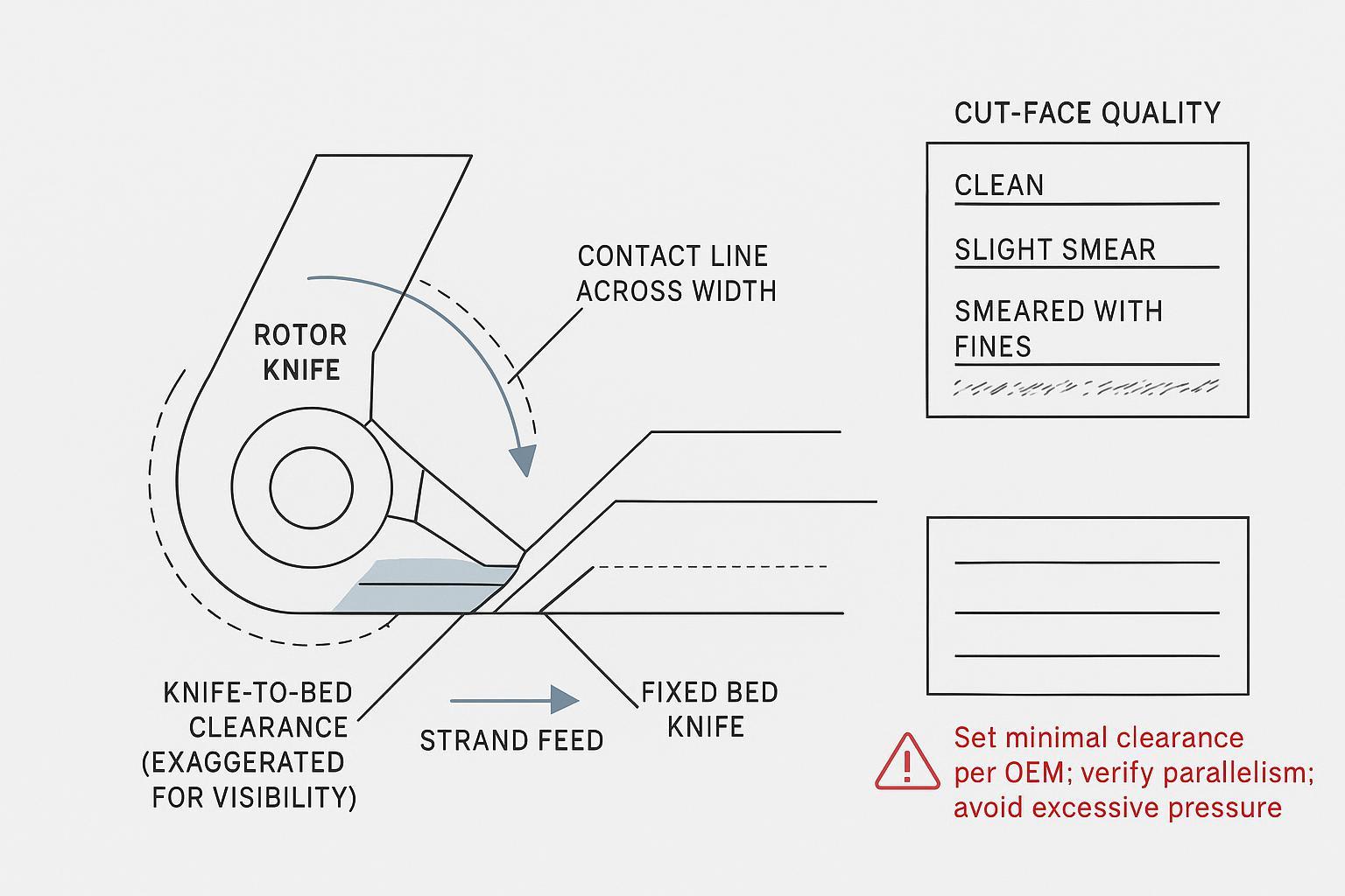 Technical schematic showing knife-to-bed clearance, contact line, and cut-face quality tiers