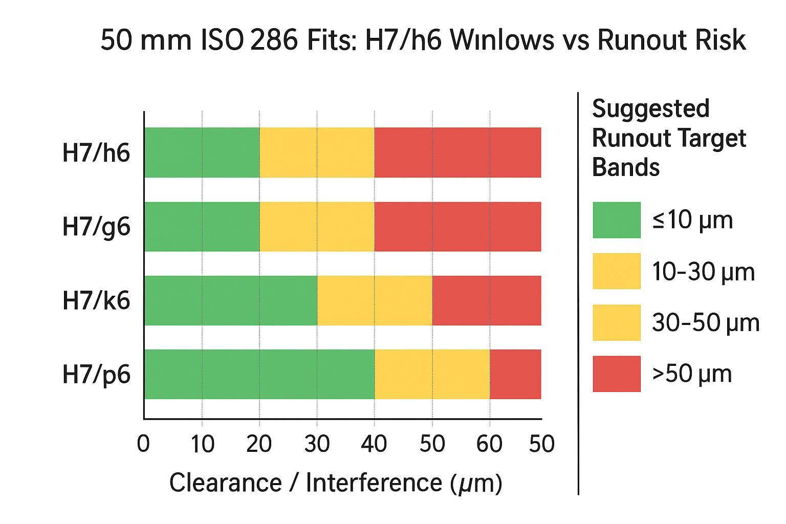 Infographic chart mapping 50 mm H7 fit windows to runout target bands and risk zones