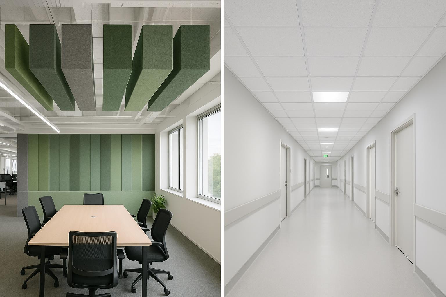 PET felt baffles and wall panels contrasted with mineral fiber lay-in ceiling tiles in modern interiors