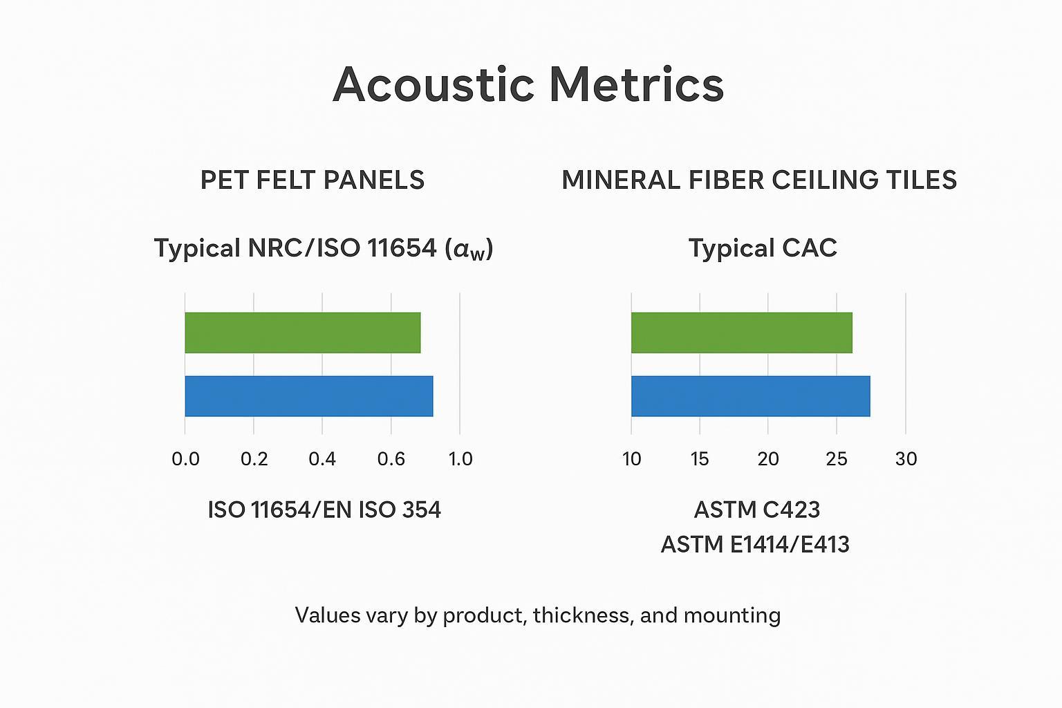 Infographic comparing typical NRC/αw and CAC ranges for PET felt vs mineral fiber with test standards noted
