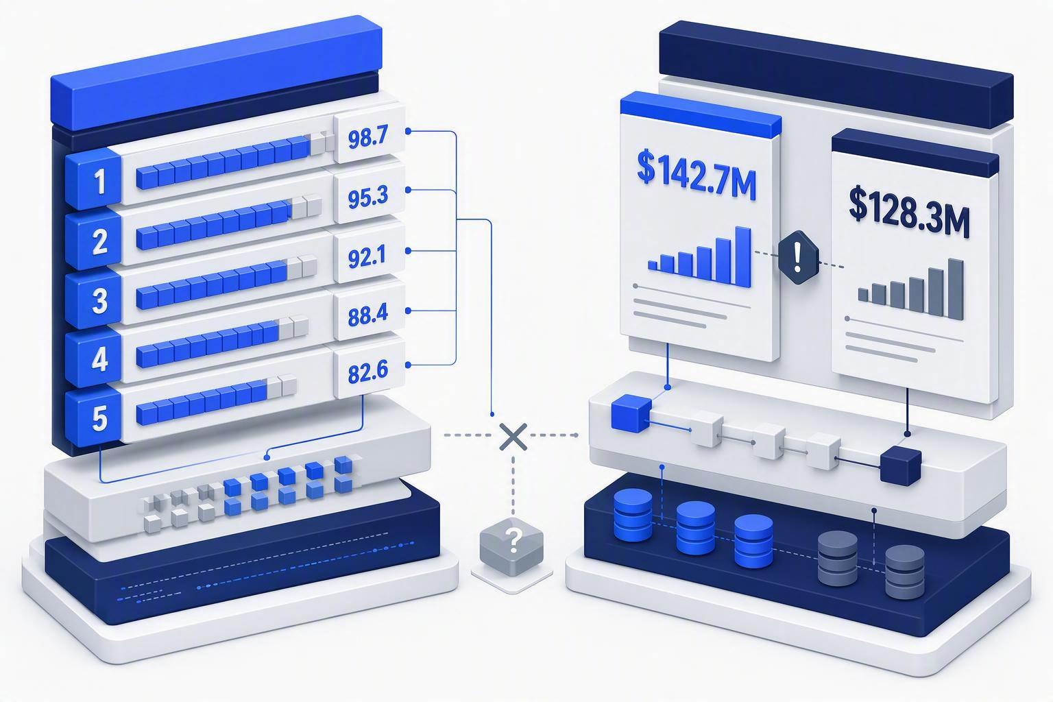 a split-screen showing a benchmark scoreboard on one side and a business dashboard with two conflicting revenue figures on the other