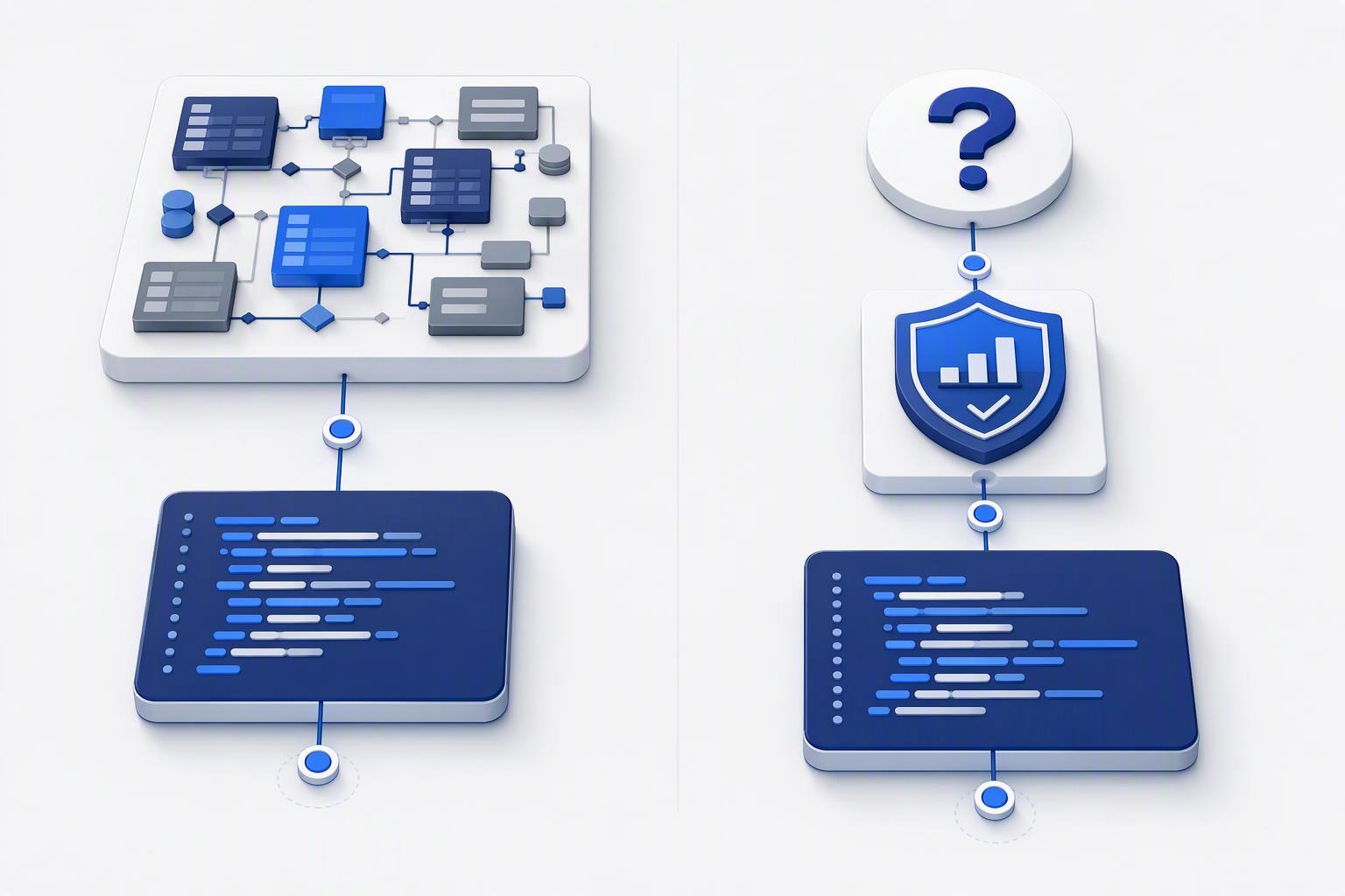 a side-by-side of two query paths — raw schema to generated SQL, versus question to governed metric to compiled SQL — with the resolution checkpoints