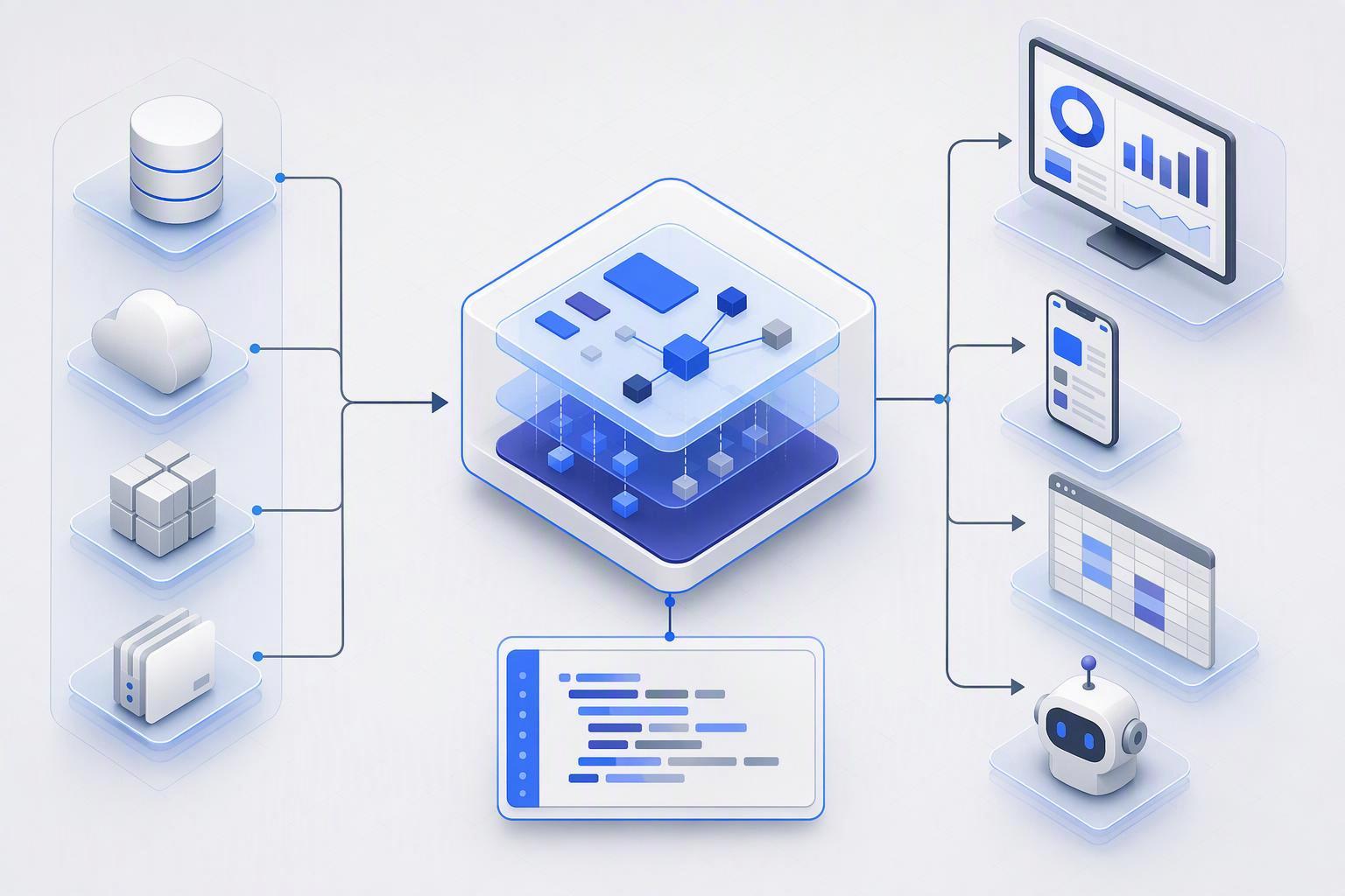 a governed semantic layer sitting between the warehouse and the consumers (BI dashboard, embedded app, spreadsheet, AI