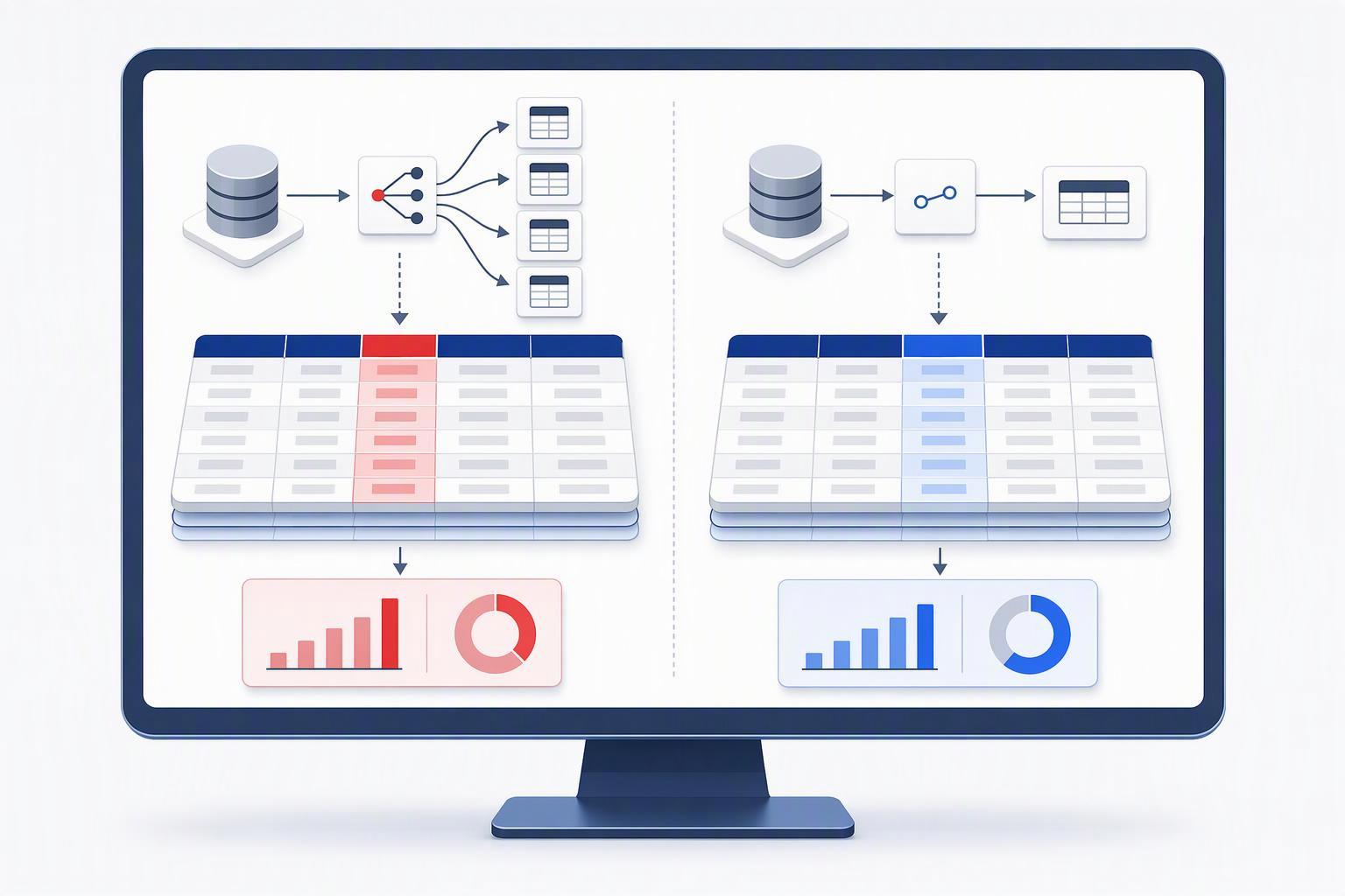a side-by-side comparison of two query results for the same revenue question, one showing a row-multiplied total from a