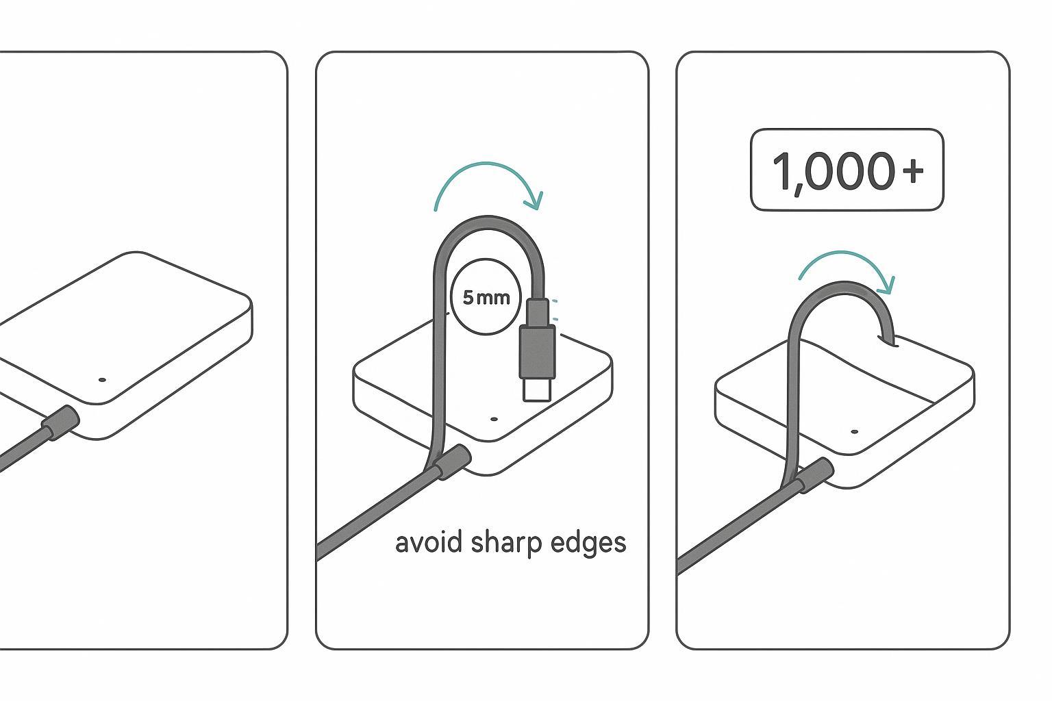 Storyboard diagram of a built-in cable bend test with 90° cycling and safety cue.