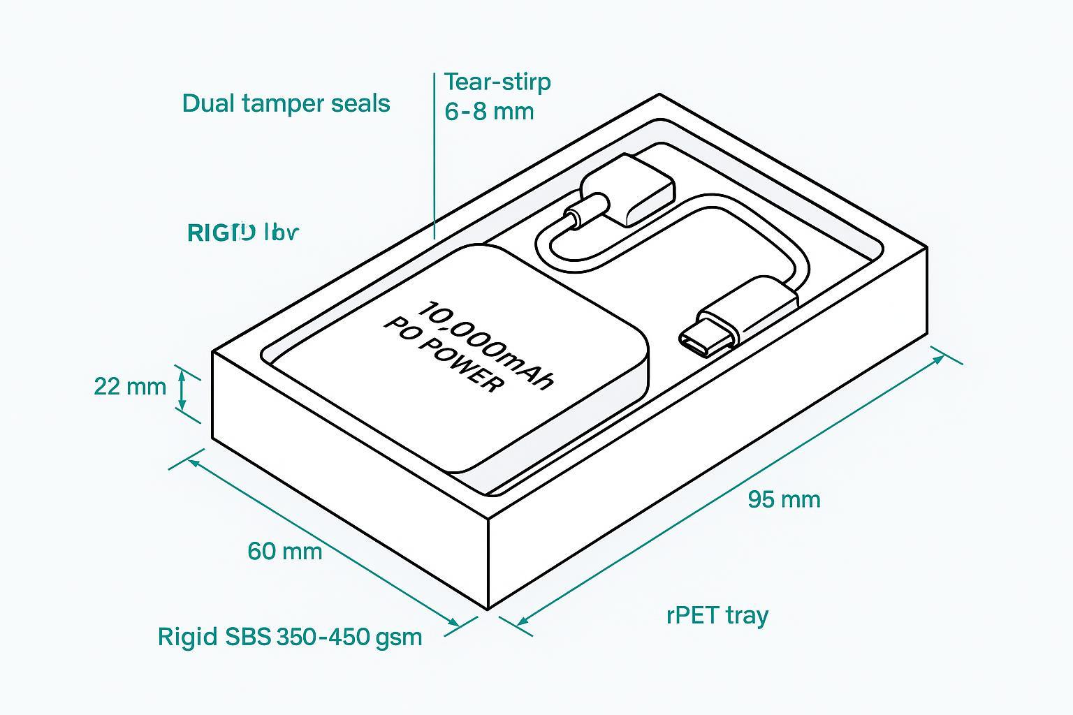 Schematic diagram of a low-profile sleeve and inner tray packaging with 95×60×22 mm dimensions and labeled features