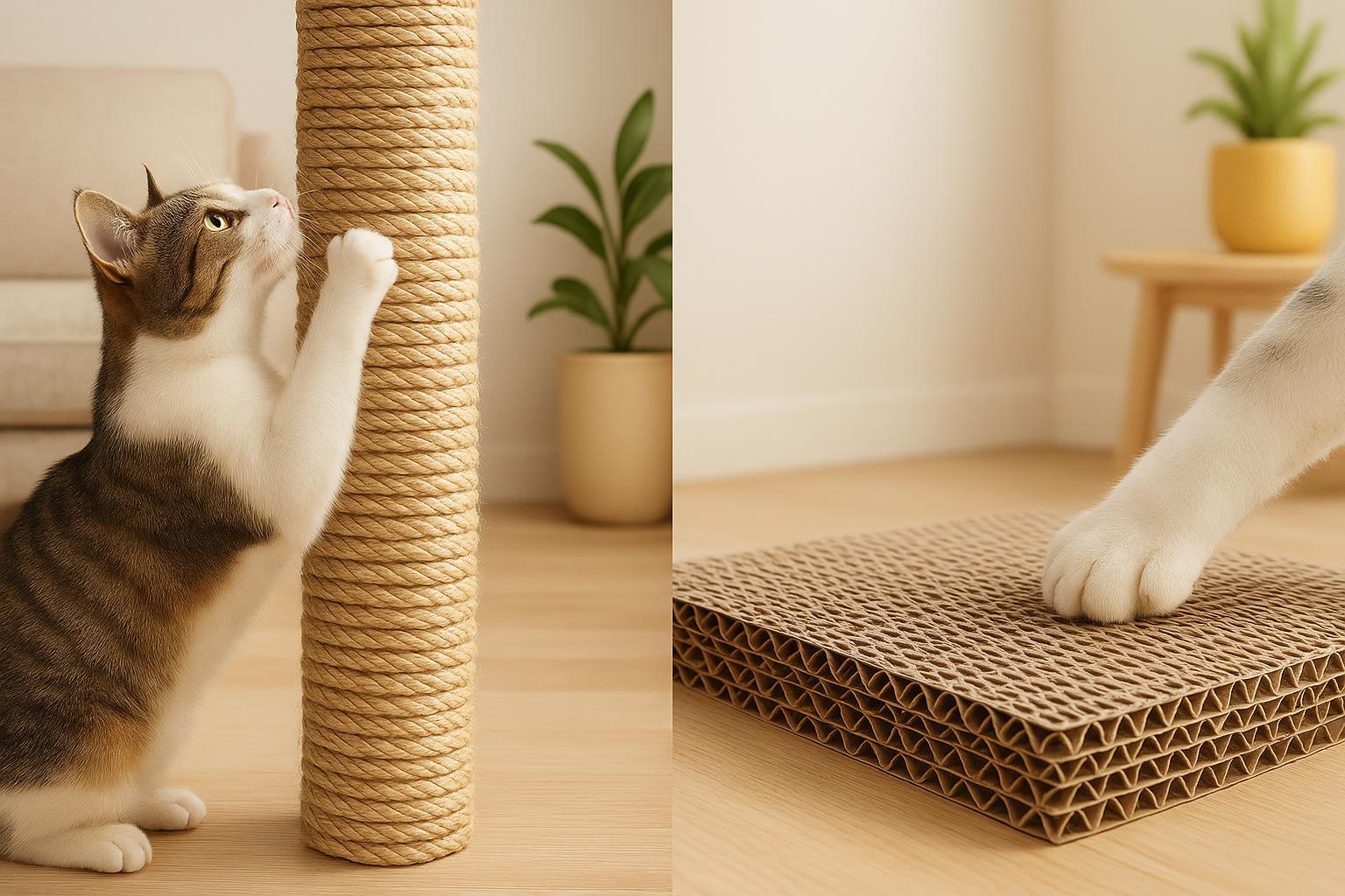 Cat using a sisal post on one side and a cardboard scratcher on the other in a split-scene comparison