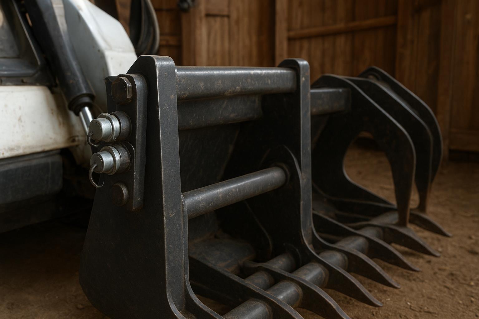Skid Steer Loader quick-attach coupling a grapple in a barn