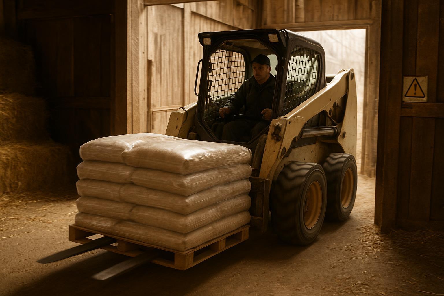 Skid Steer Loader using pallet forks to move feed in a barn
