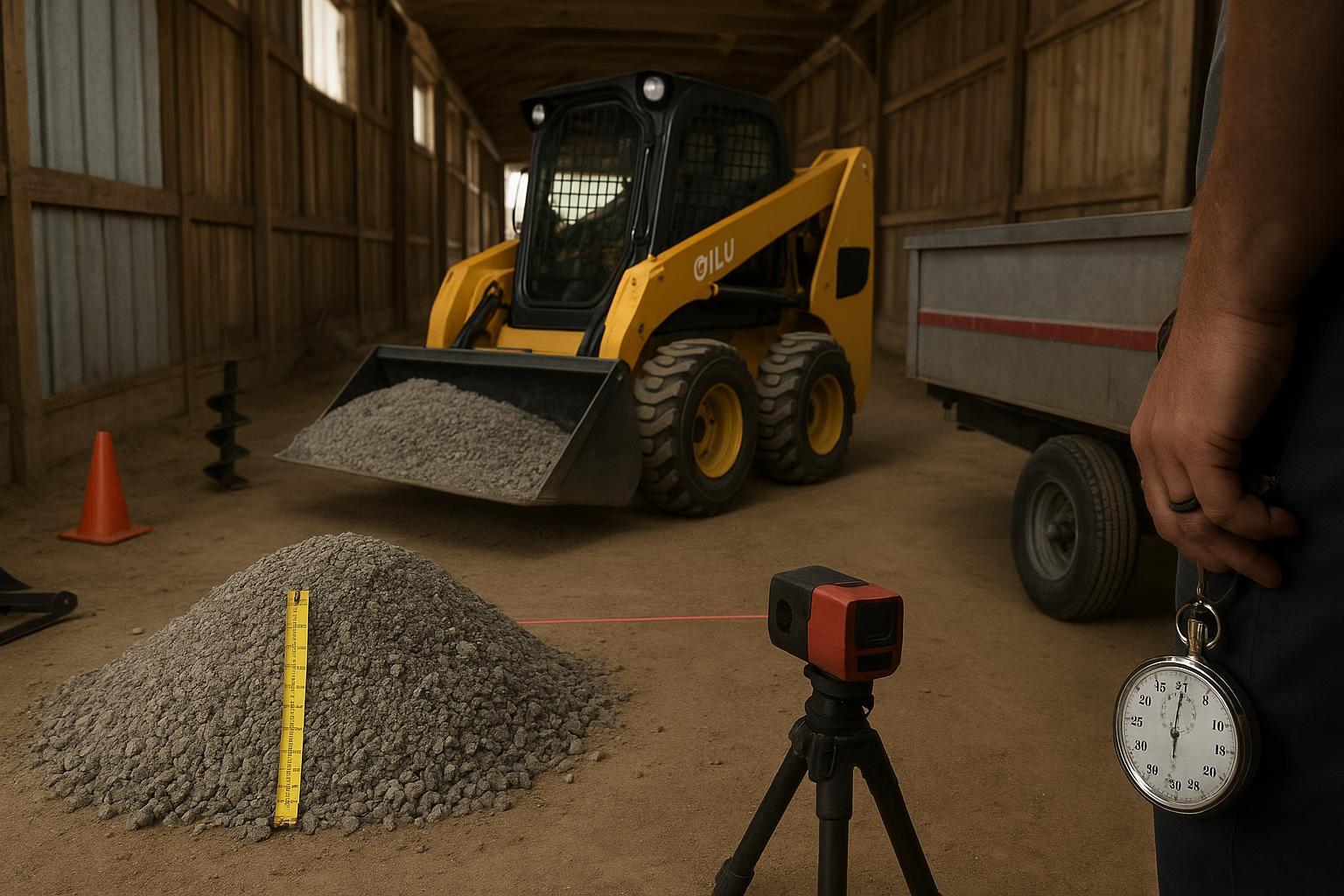 How well does the QILU skid steer loader perform on a farm in 2026? 1 Test setup for QILU skid steer loader bucket cycle and maneuvering in a 3 m barn alley